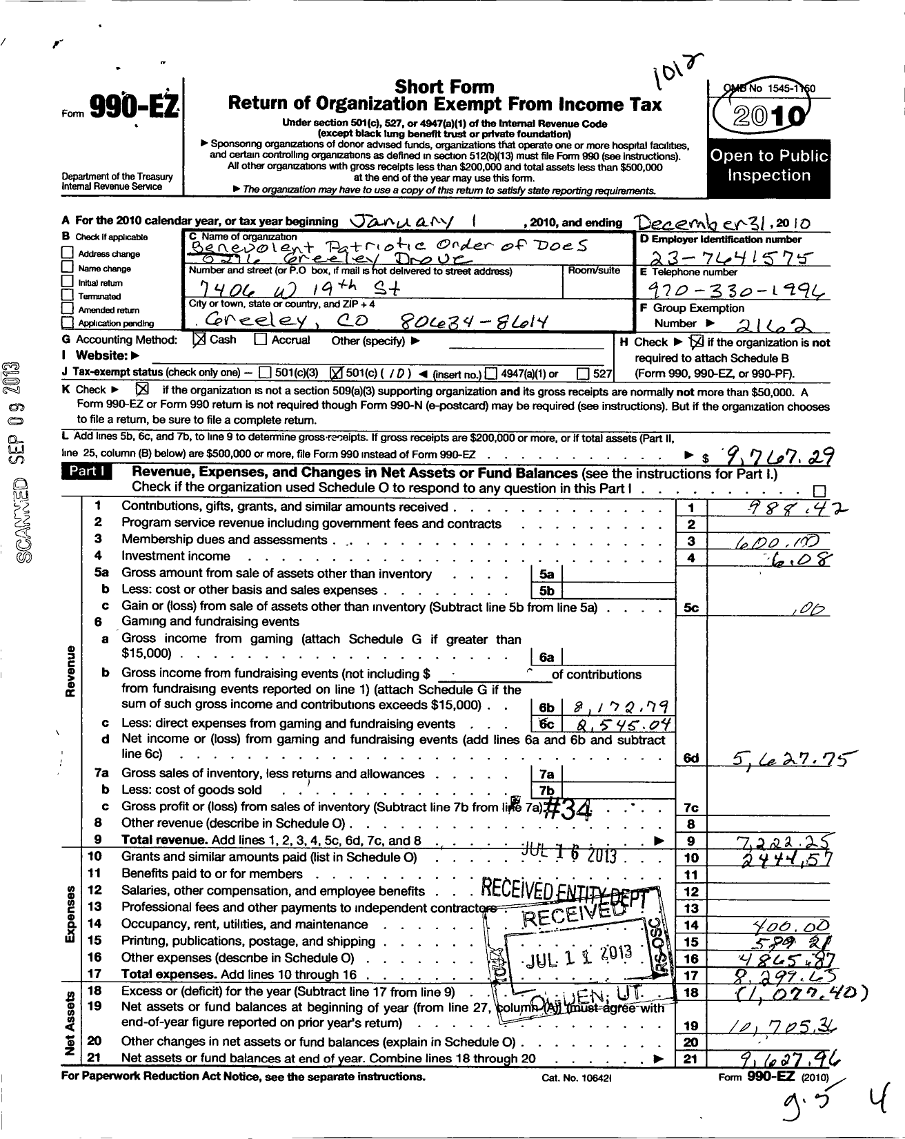 Image of first page of 2010 Form 990EO for Benevolent Patriotic Order of Does of the United States of America - 0216 Greeley Drove