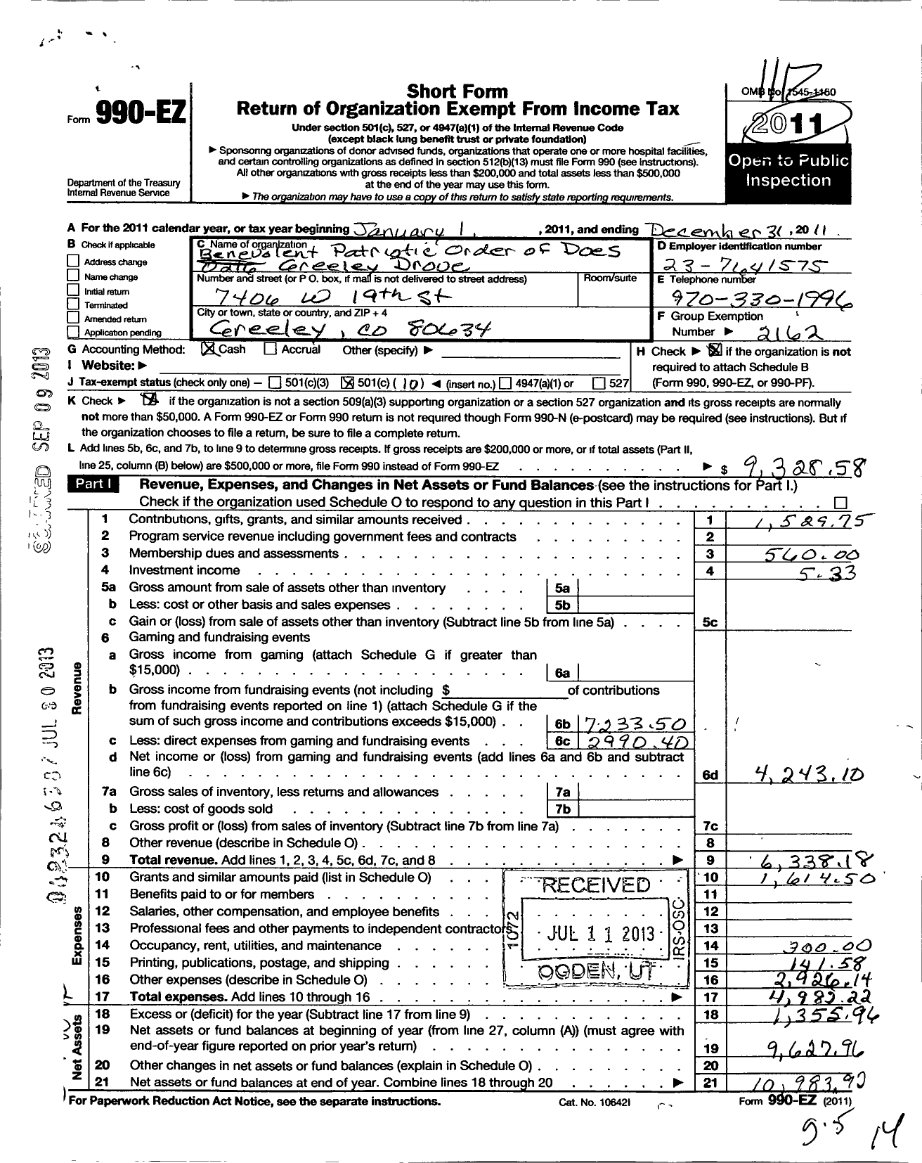 Image of first page of 2011 Form 990EO for Benevolent Patriotic Order of Does of the United States of America - 0216 Greeley Drove