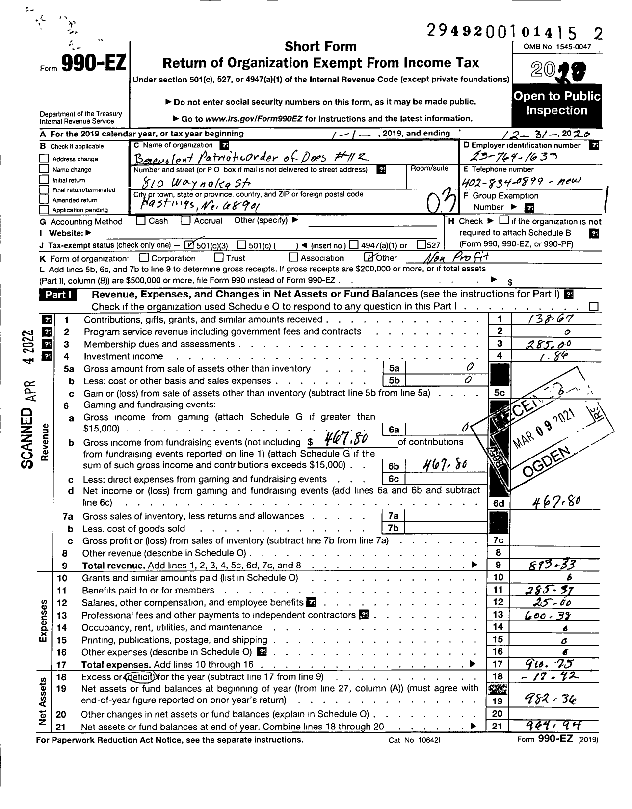 Image of first page of 2020 Form 990EZ for BENEVOLENT PATRIOTIC order OF DOES OF the United States OF America 11