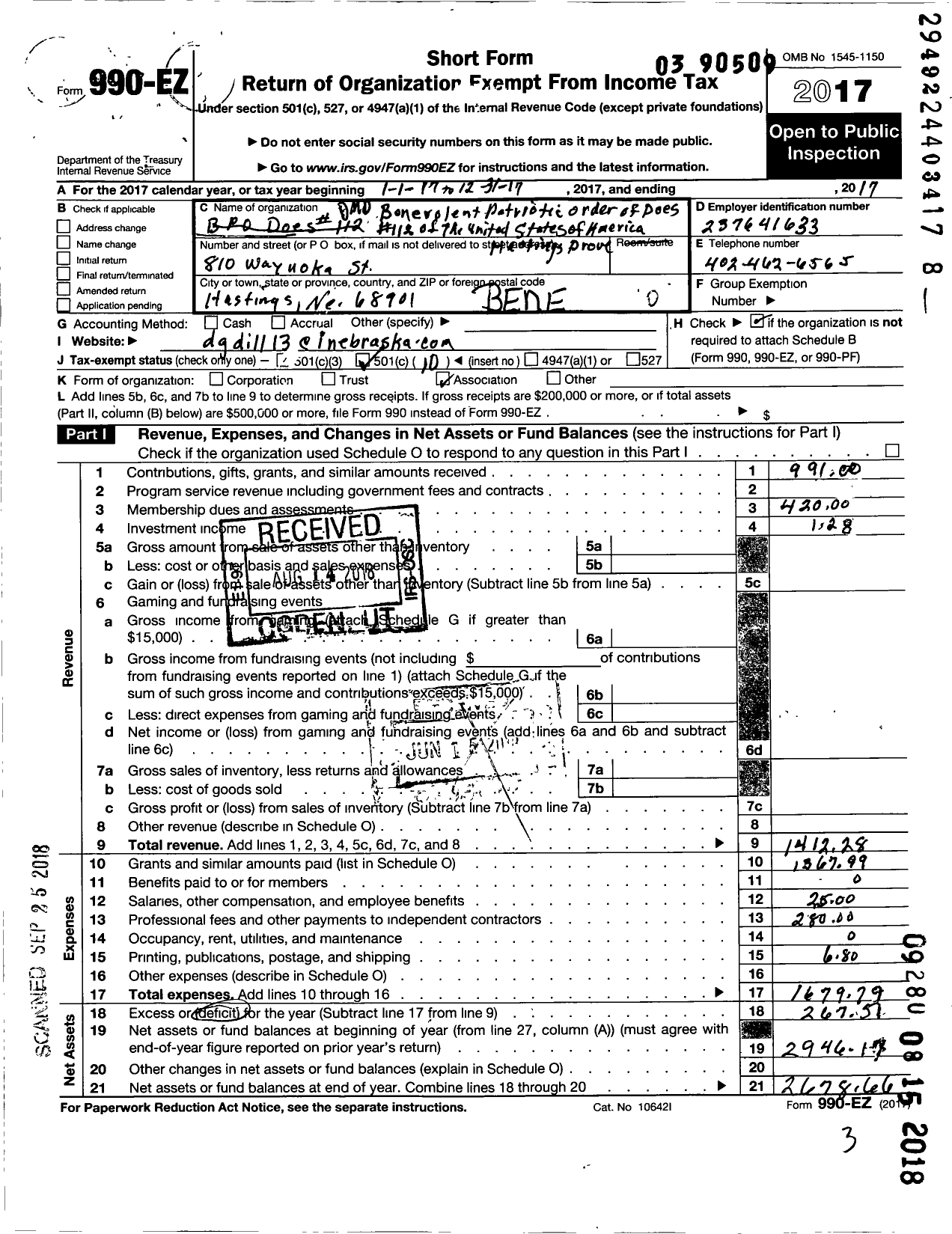 Image of first page of 2017 Form 990EO for BENEVOLENT PATRIOTIC order OF DOES OF the United States OF America 11