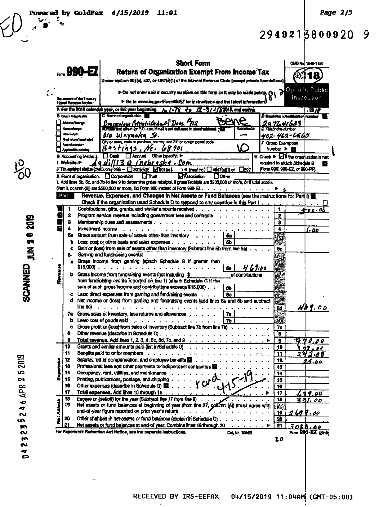 Image of first page of 2018 Form 990EO for BENEVOLENT PATRIOTIC order OF DOES OF the United States OF America 11