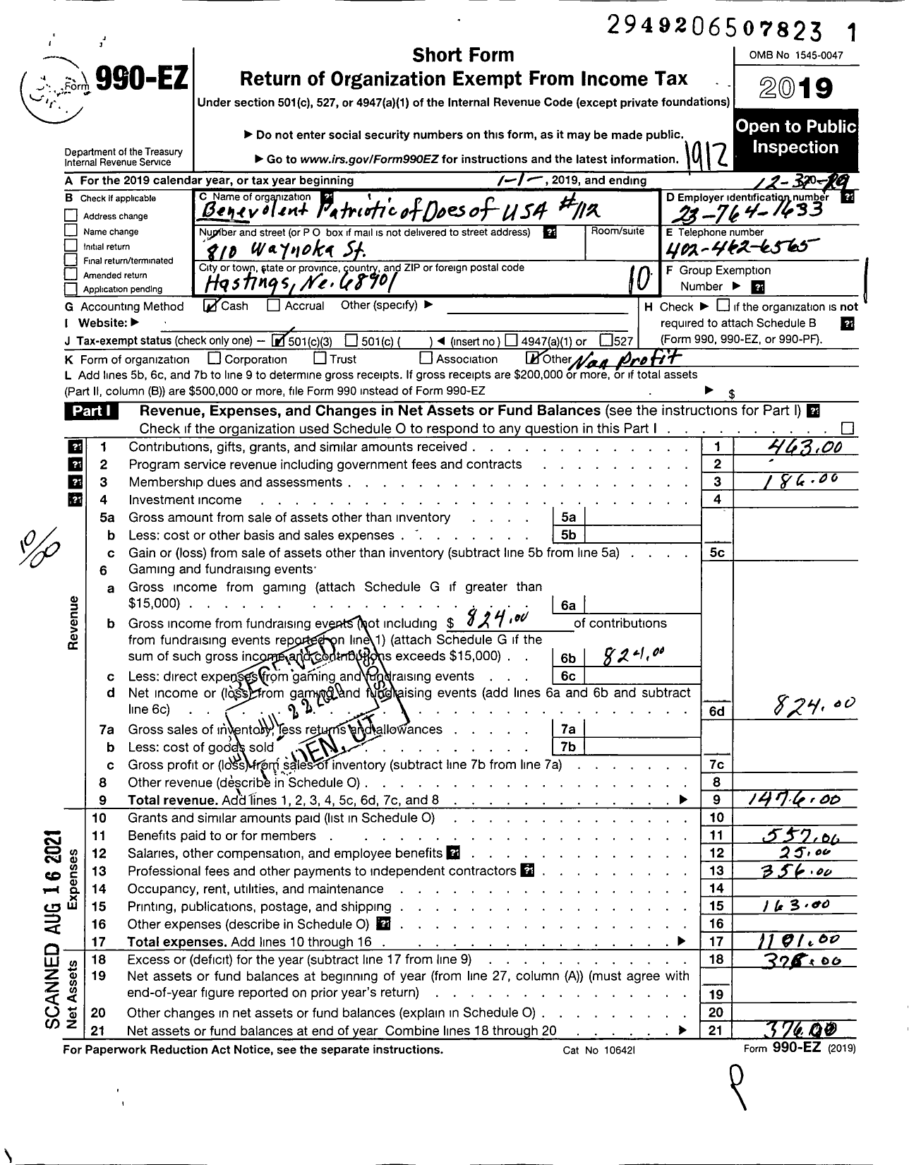 Image of first page of 2019 Form 990EO for BENEVOLENT PATRIOTIC order OF DOES OF the United States OF America 11