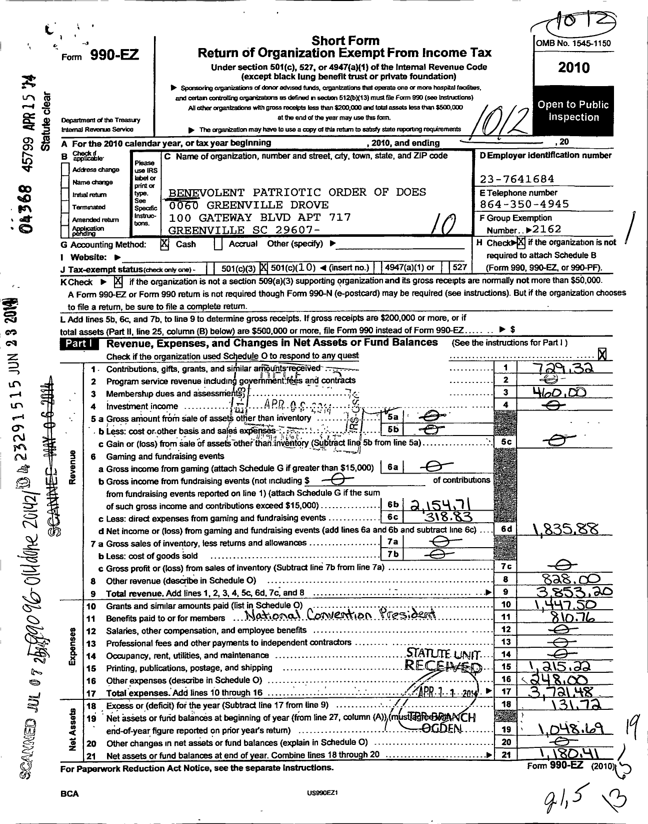 Image of first page of 2010 Form 990EO for Benevolent Patriotic Order of Does of the United States of America - 0060 Greenville Drove