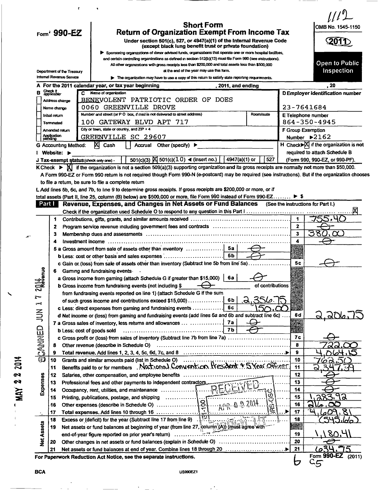 Image of first page of 2011 Form 990EO for Benevolent Patriotic Order of Does of the United States of America - 0060 Greenville Drove
