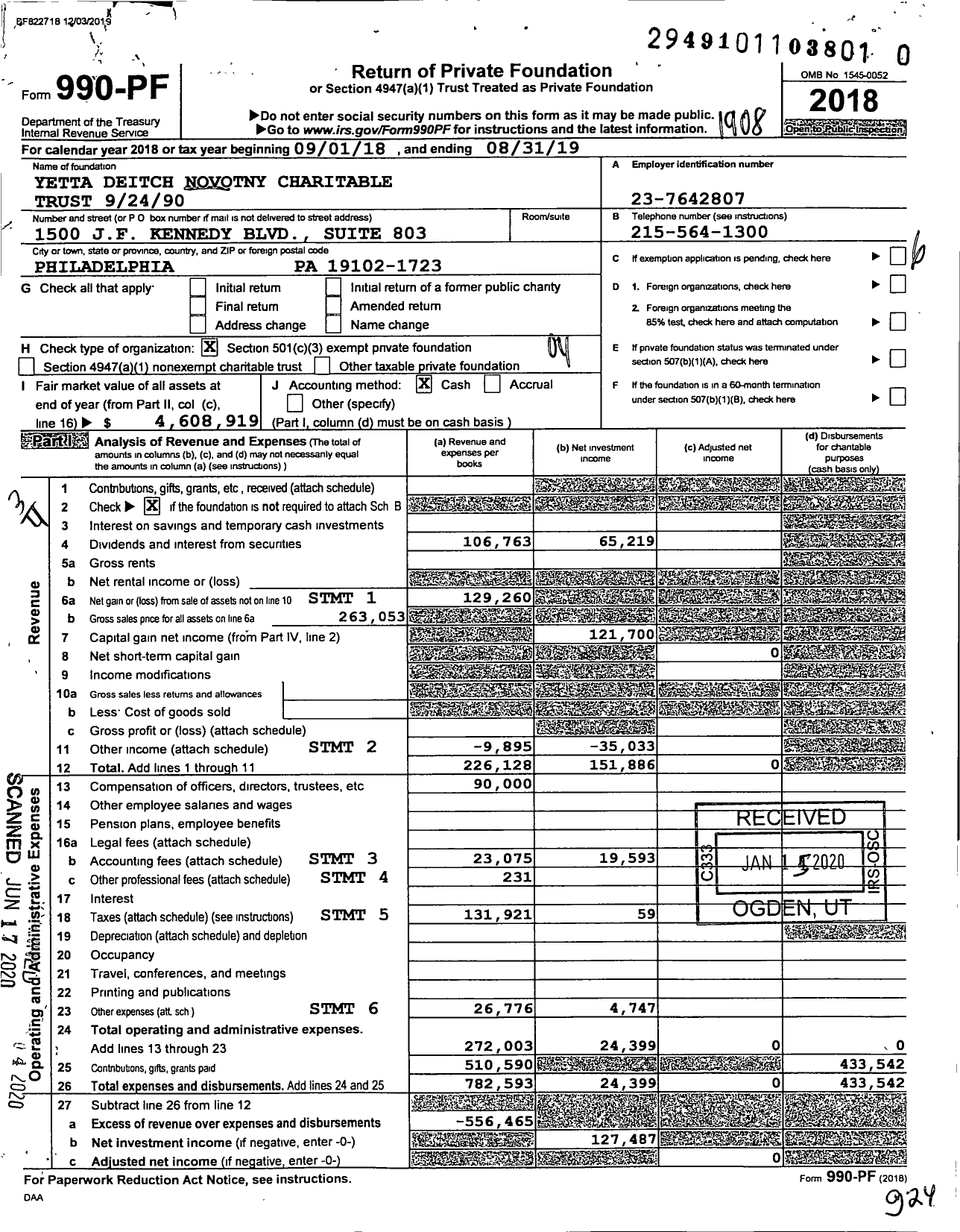 Image of first page of 2018 Form 990PR for Yetta Deitch Novotny Charitable Trust 9 / 24 / 90