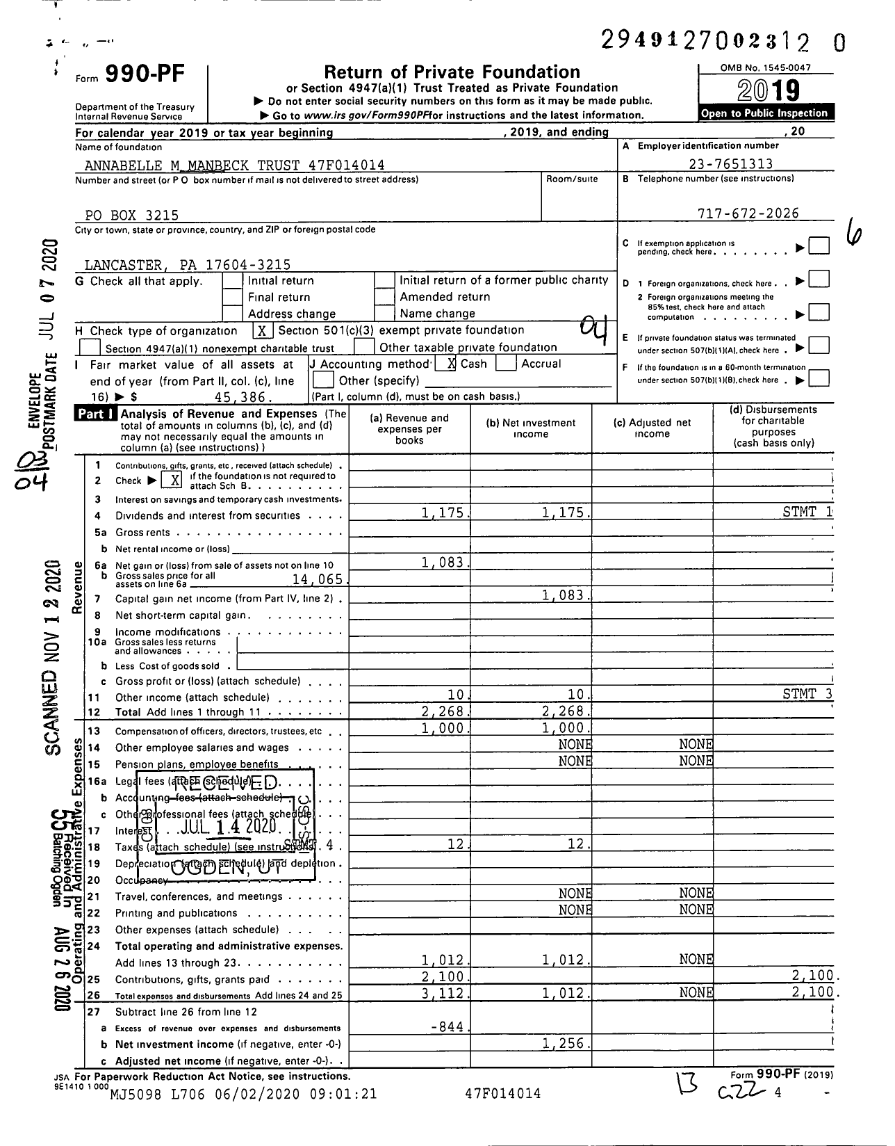 Image of first page of 2019 Form 990PF for Annabelle M Manbeck Trust 47f014014