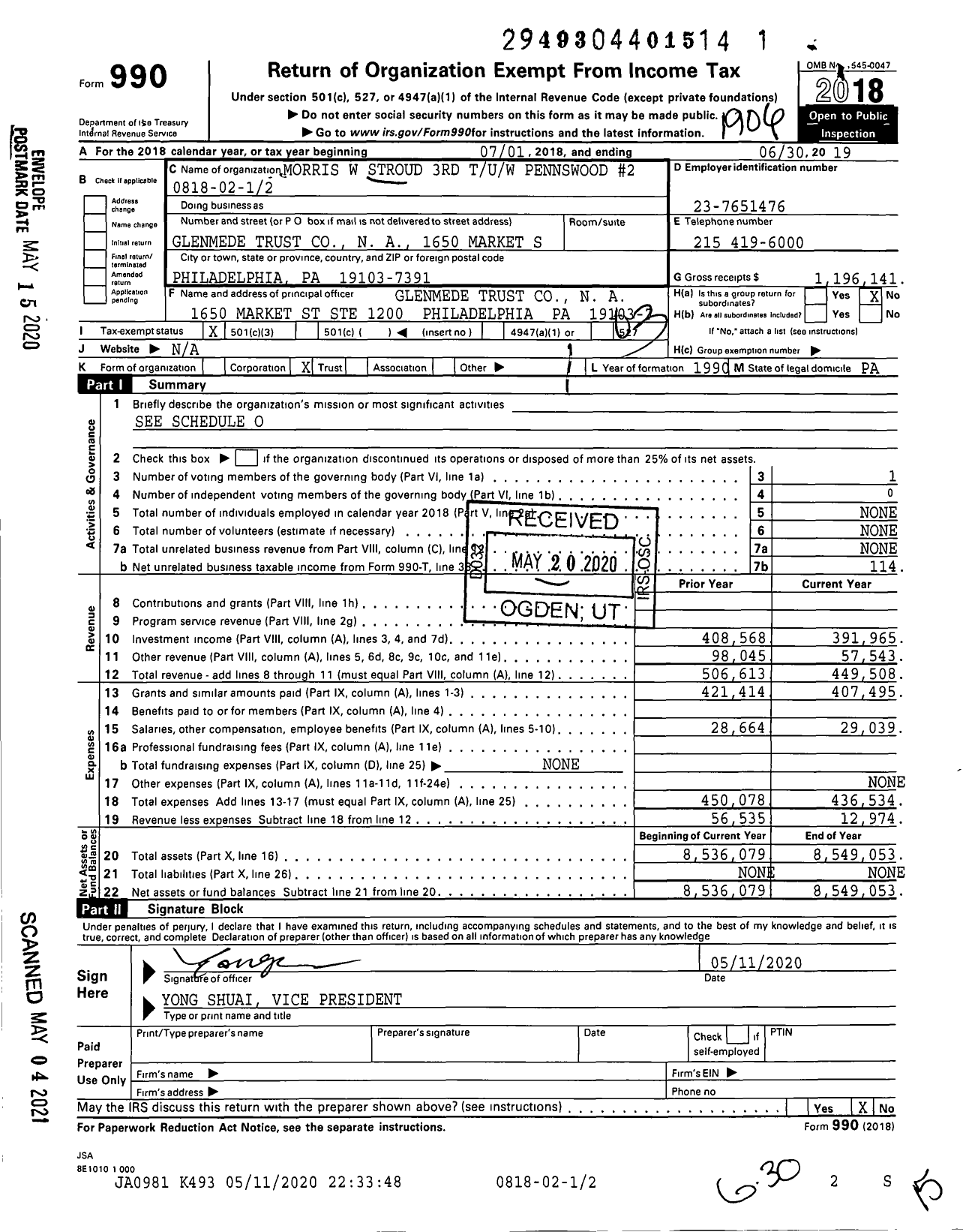 Image of first page of 2018 Form 990 for Morris W Stroud 3rd Tuw Pennswood #2