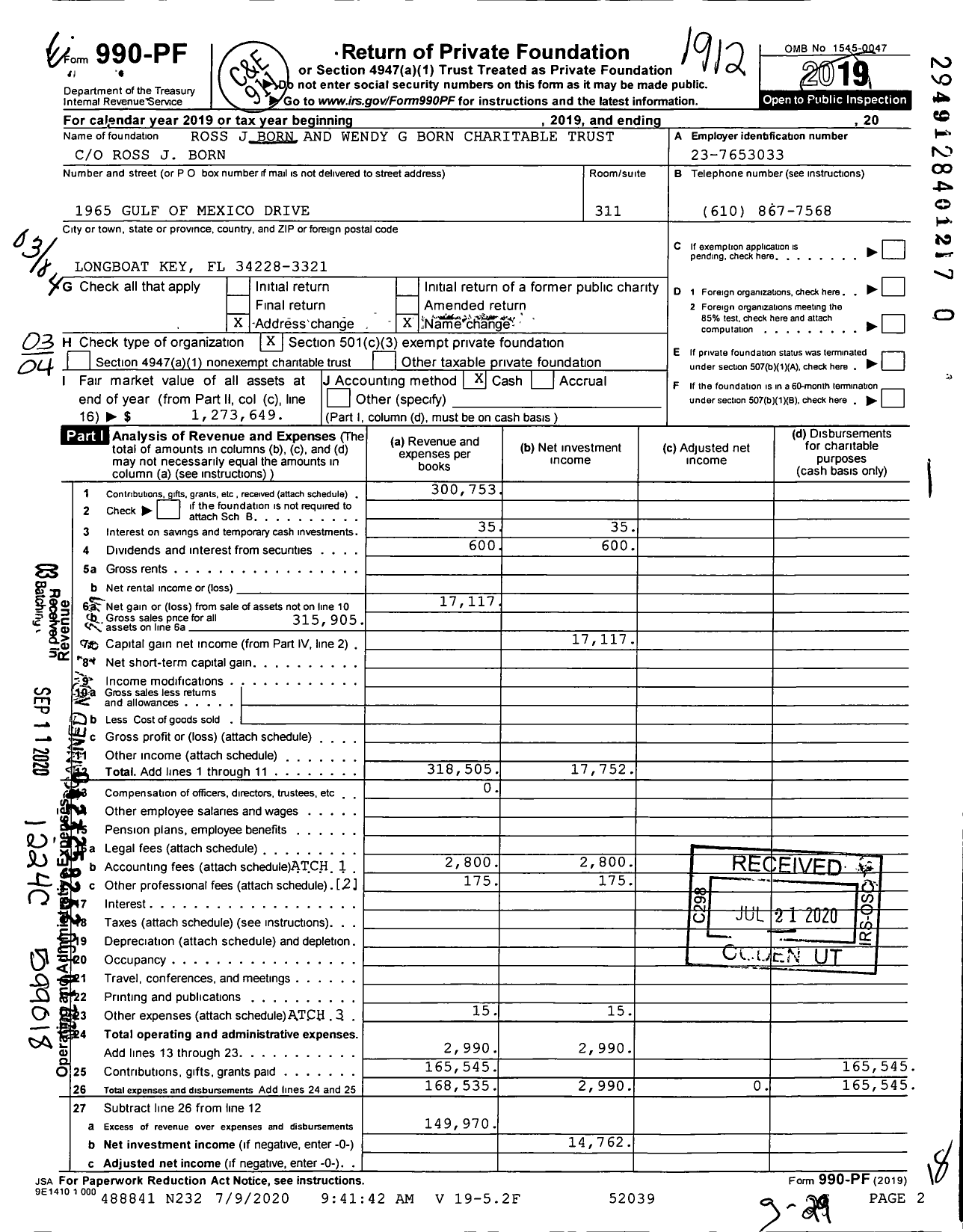 Image of first page of 2019 Form 990PF for ROSS J BORN and Wendy G BORN CHARITABLE TRUST