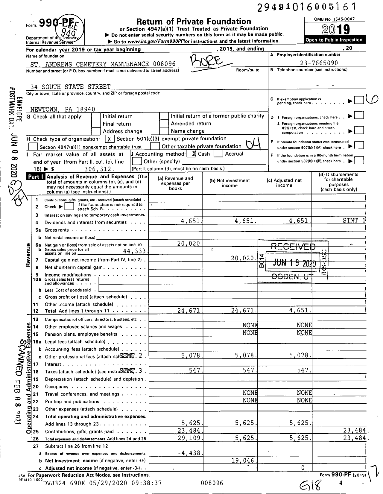 Image of first page of 2019 Form 990PF for Rorer Trust Uw 1356 Fbo St Andrews 008096