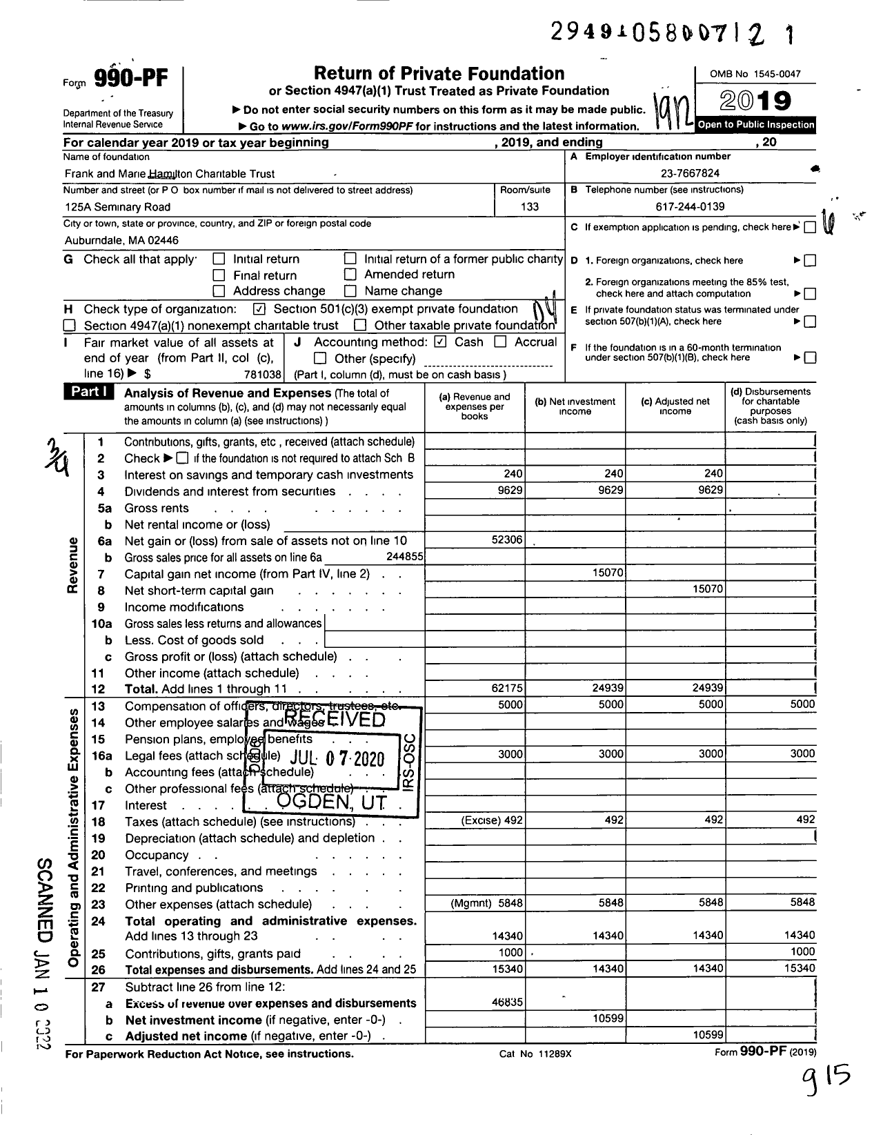 Image of first page of 2019 Form 990PF for Frank and Marie Hamilton Charitable Trust