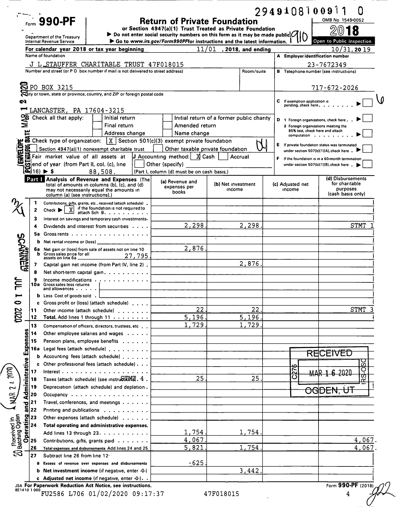 Image of first page of 2018 Form 990PR for J L Stauffer Charitable Trust 47f018015