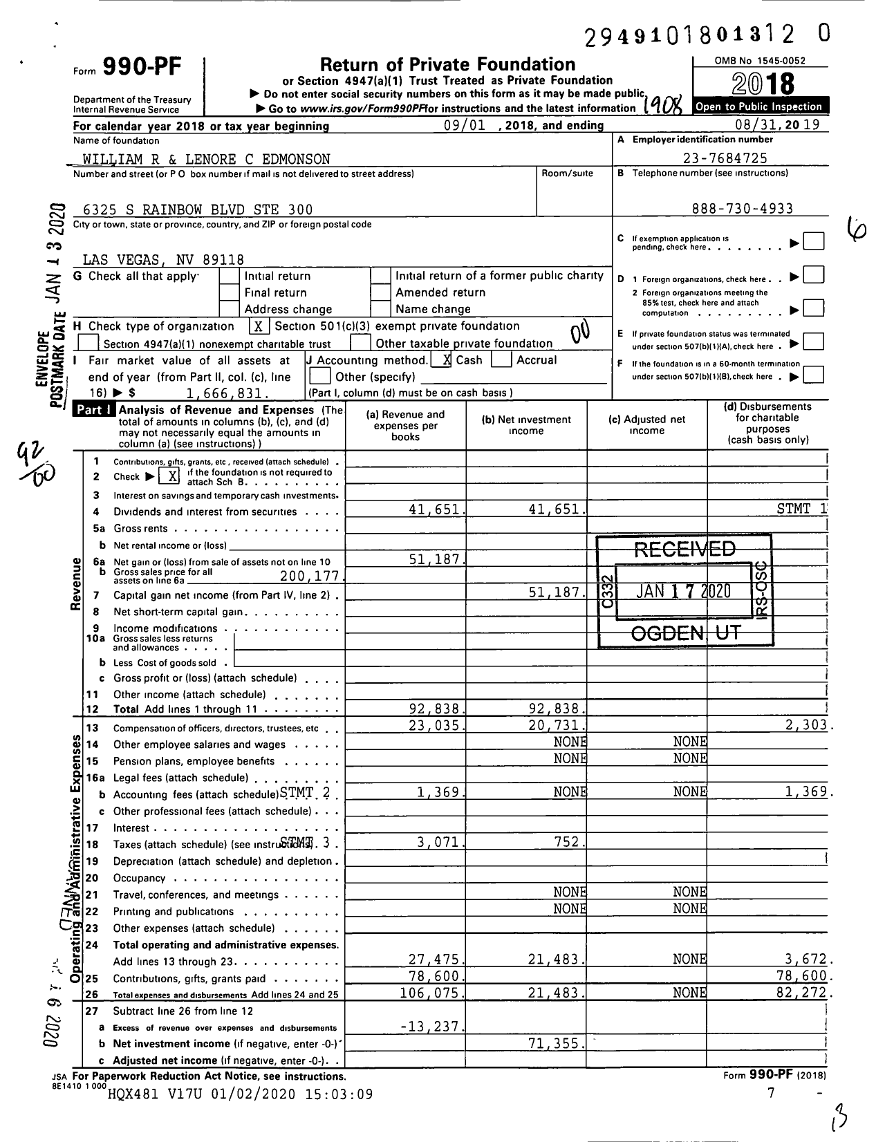 Image of first page of 2018 Form 990PR for William R and Lenore C Edmonson