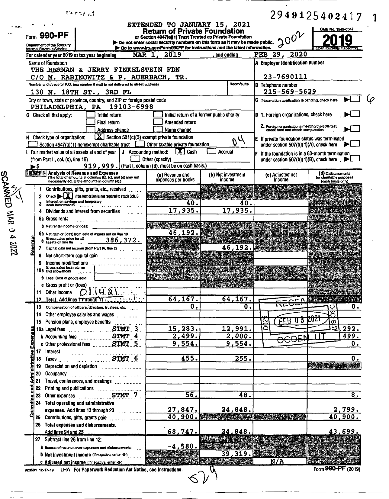Image of first page of 2019 Form 990PF for The Herman and Jerry Finkelstein Foundation