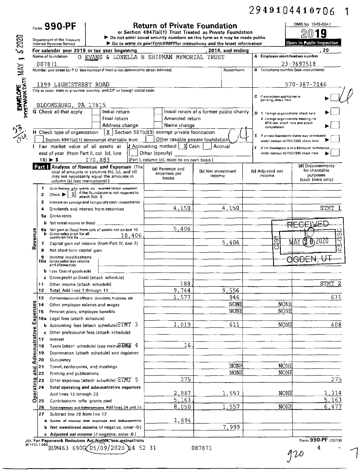 Image of first page of 2019 Form 990PF for O Evans and Lonella H Shipman Memorial Trust