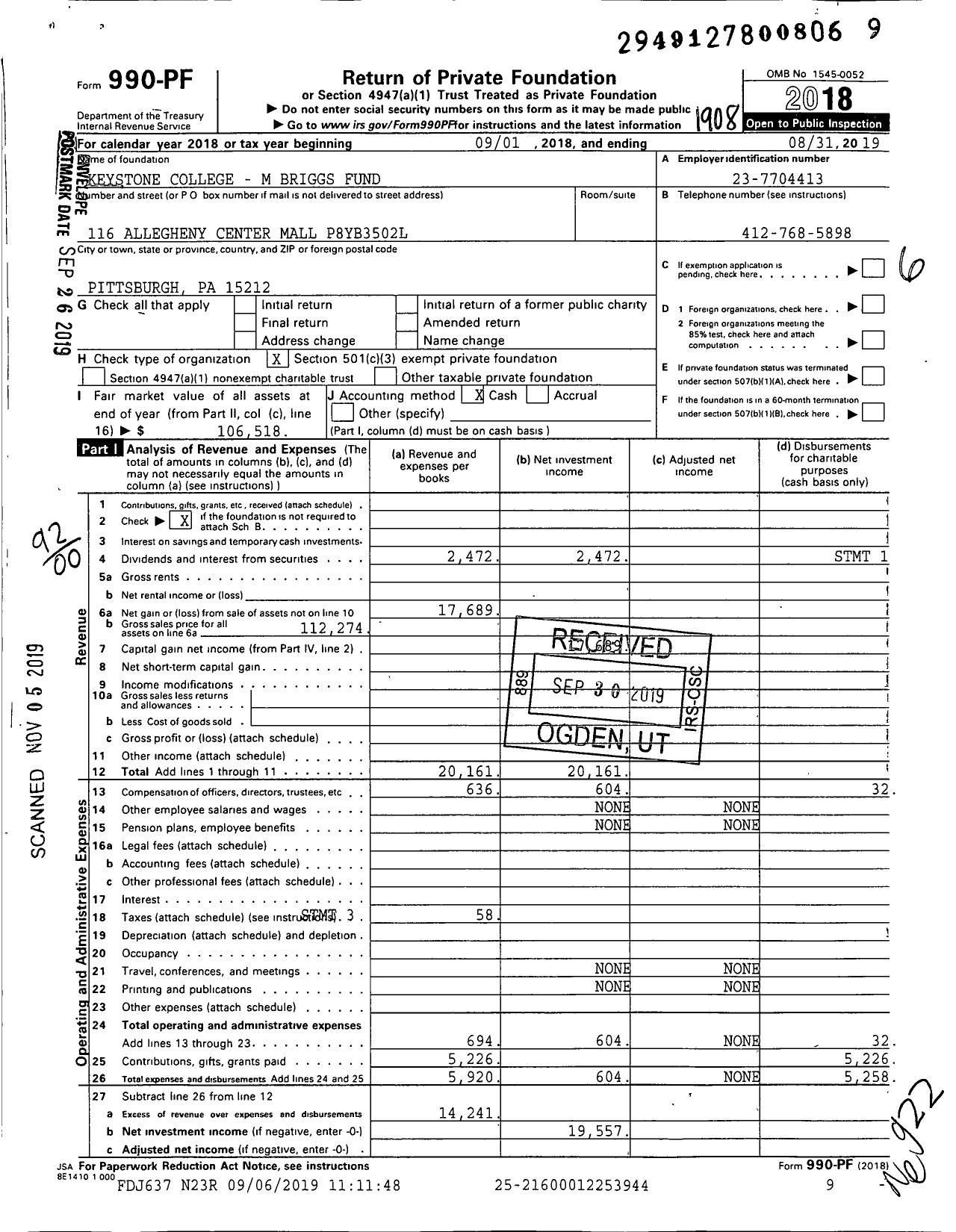 Image of first page of 2018 Form 990PF for Keystone College - M Briggs Fund