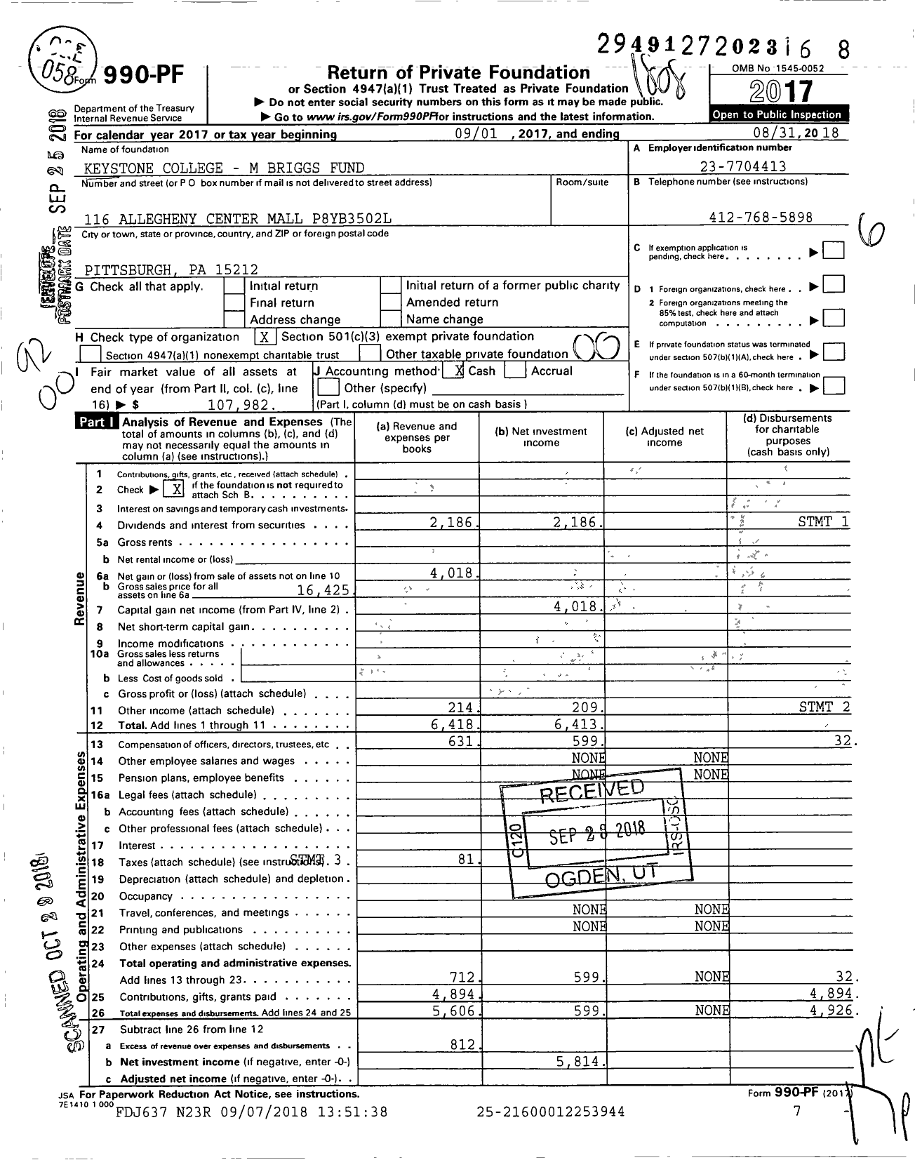 Image of first page of 2017 Form 990PF for Keystone College - M Briggs Fund