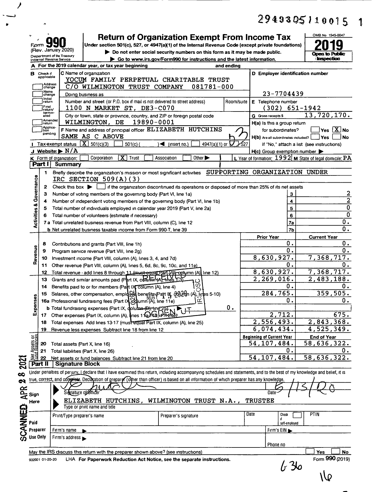 Image of first page of 2019 Form 990 for Yocum Family Perpetual Charitable Trust