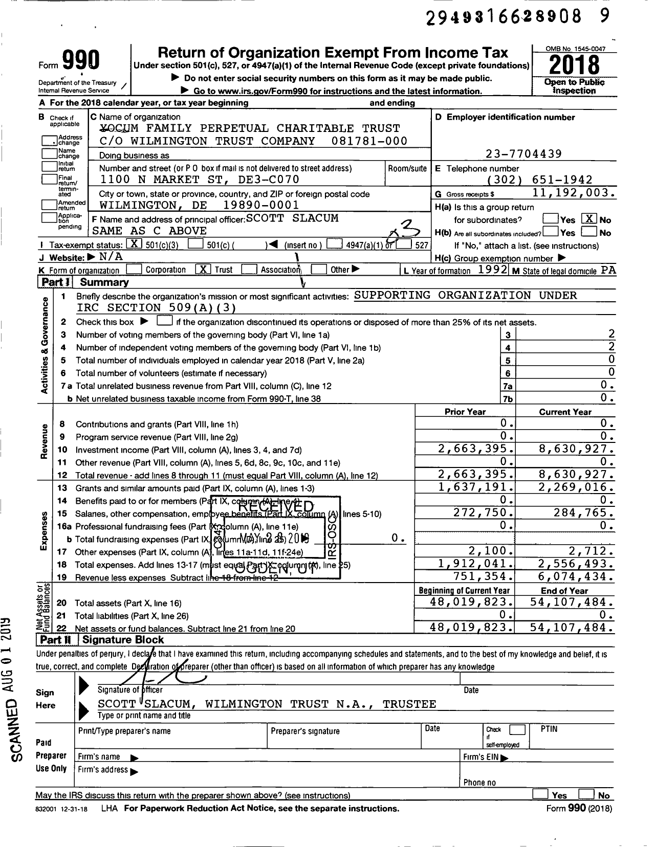 Image of first page of 2018 Form 990 for Yocum Family Perpetual Charitable Trust