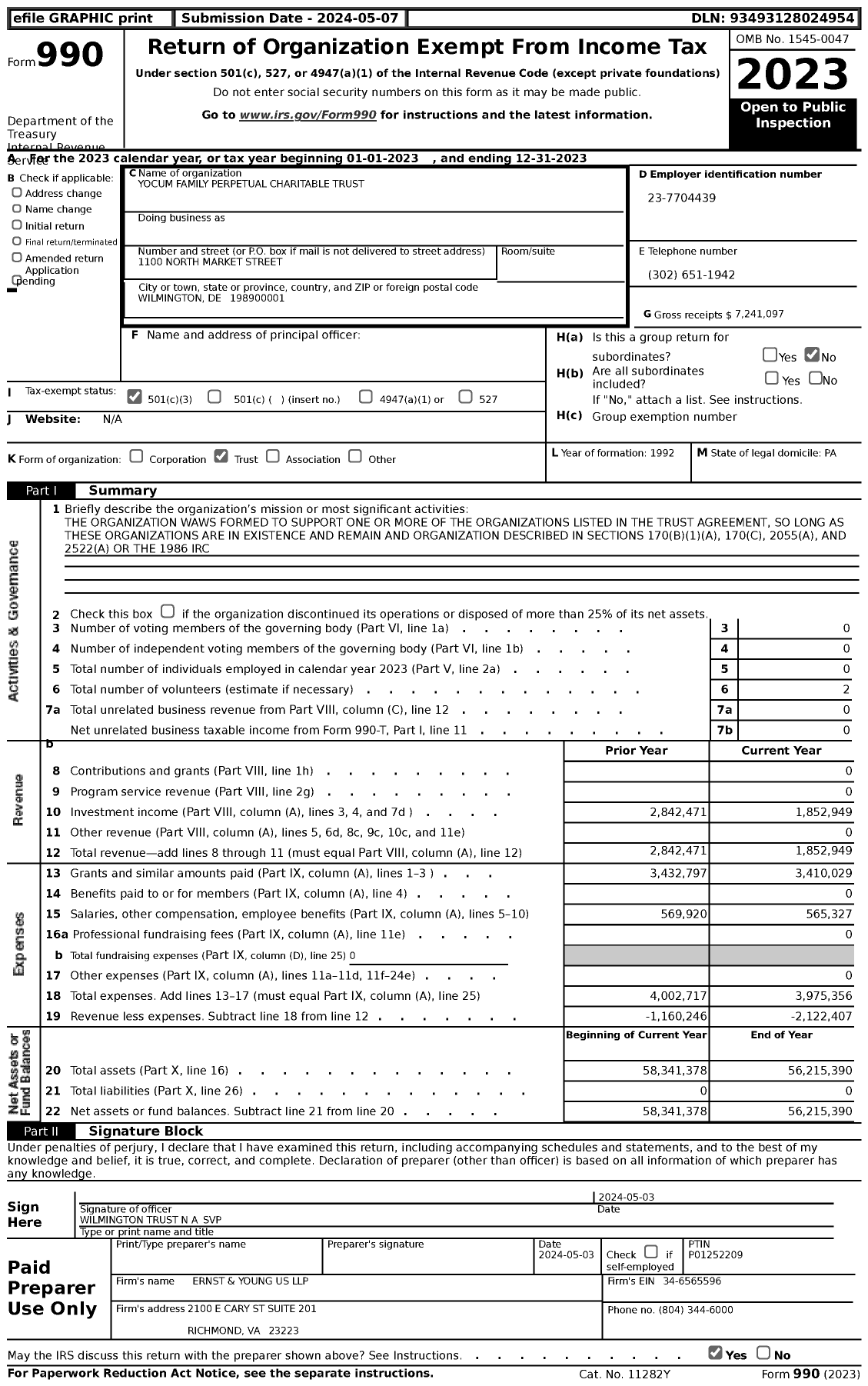 Image of first page of 2023 Form 990 for Yocum Family Perpetual Charitable Trust