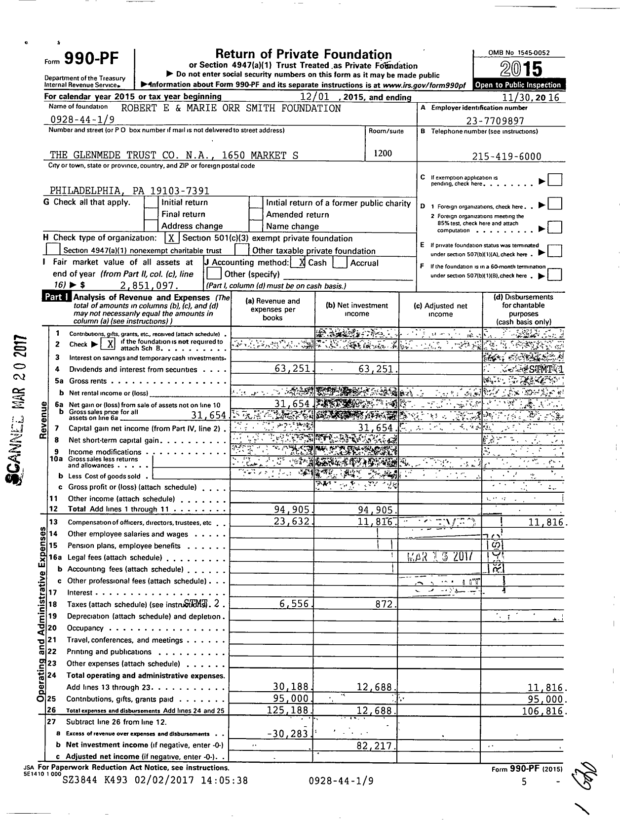 Image of first page of 2015 Form 990PF for Robert E and Marie Orr Smith Foundation