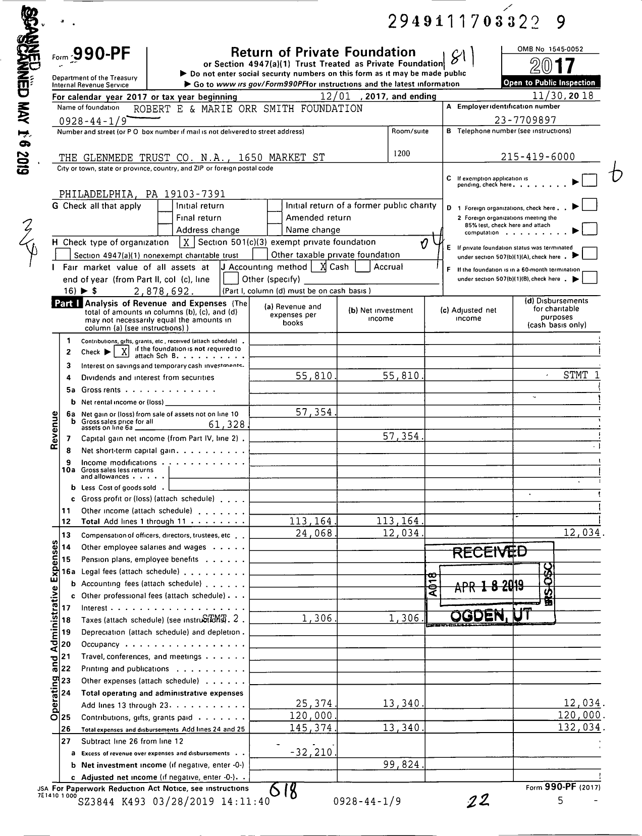 Image of first page of 2017 Form 990PF for Robert E and Marie Orr Smith Foundation