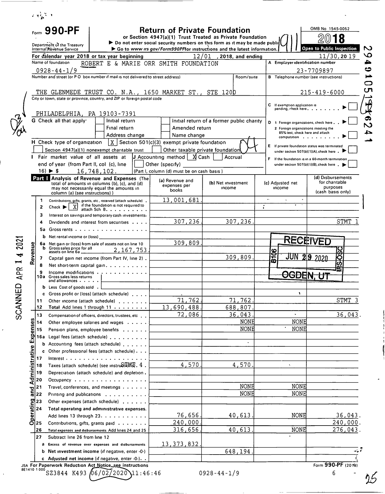 Image of first page of 2018 Form 990PF for Robert E and Marie Orr Smith Foundation