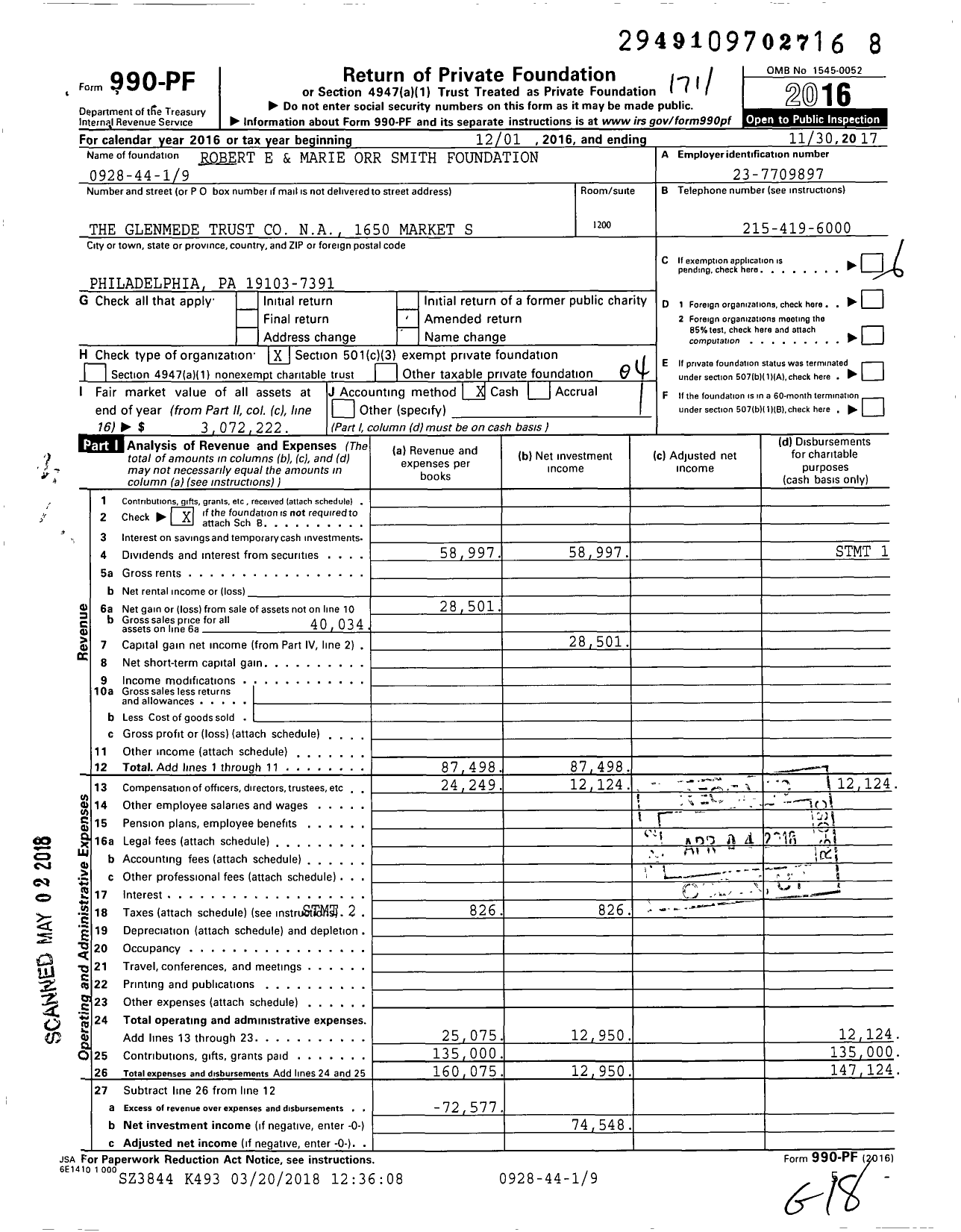 Image of first page of 2016 Form 990PF for Robert E and Marie Orr Smith Foundation