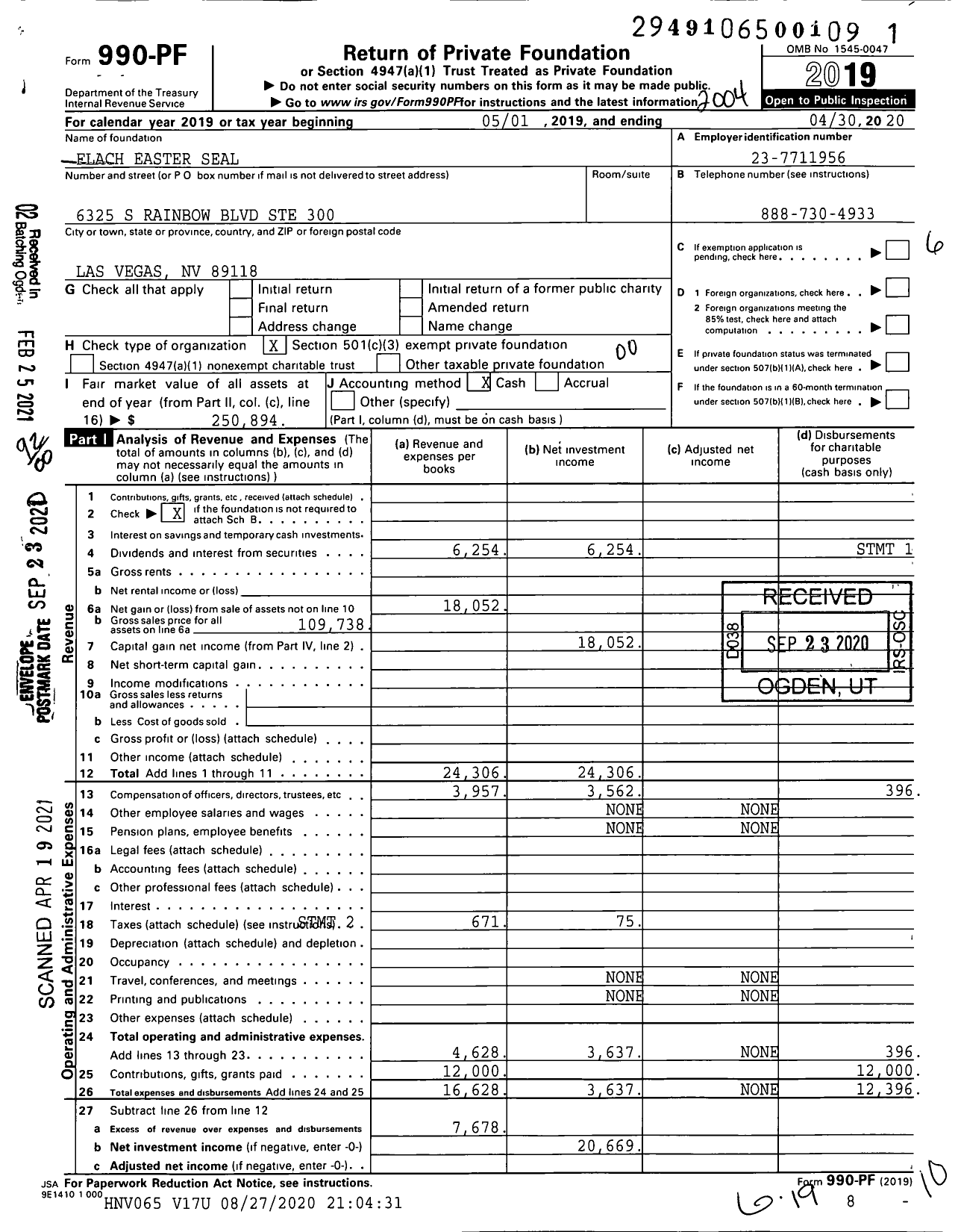 Image of first page of 2019 Form 990PF for Flach Easter Seal