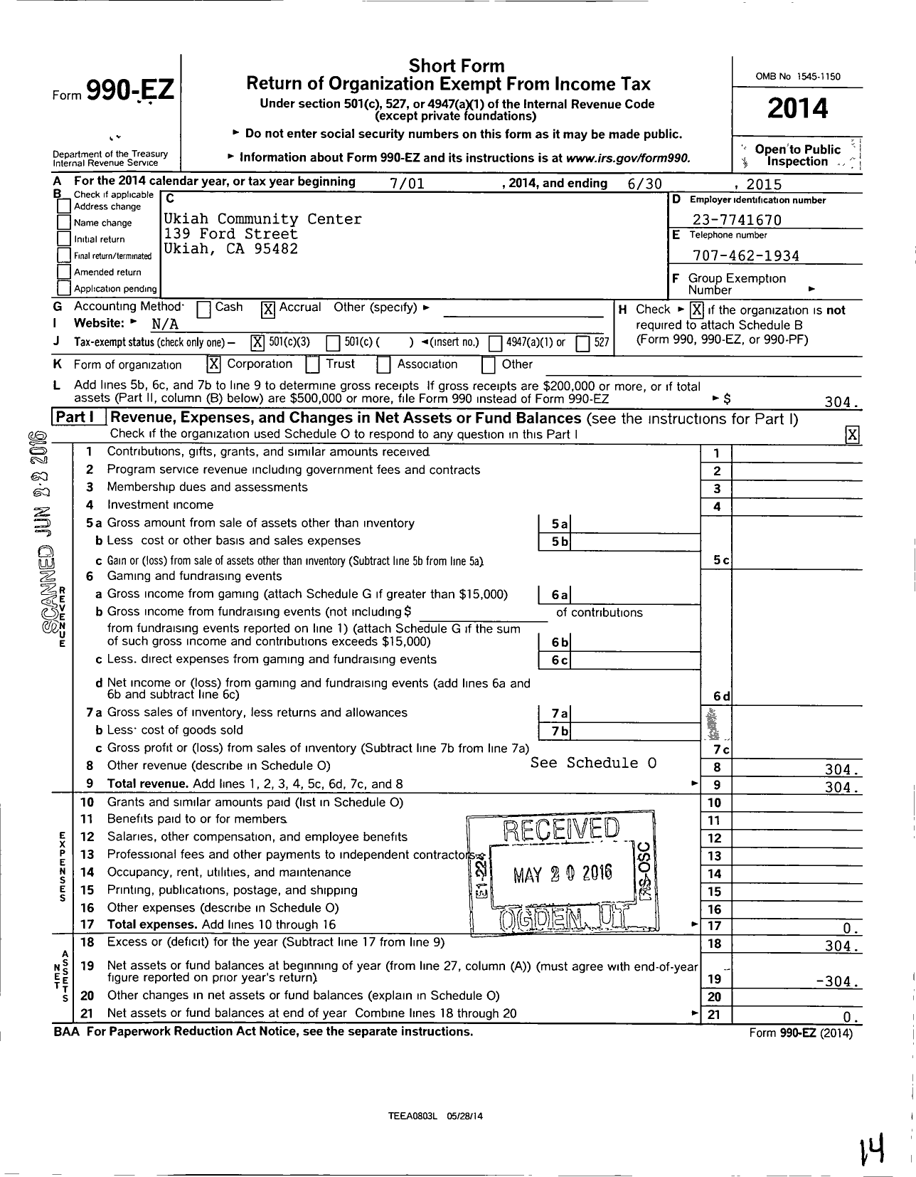 Image of first page of 2014 Form 990EZ for Ukiah Community Center