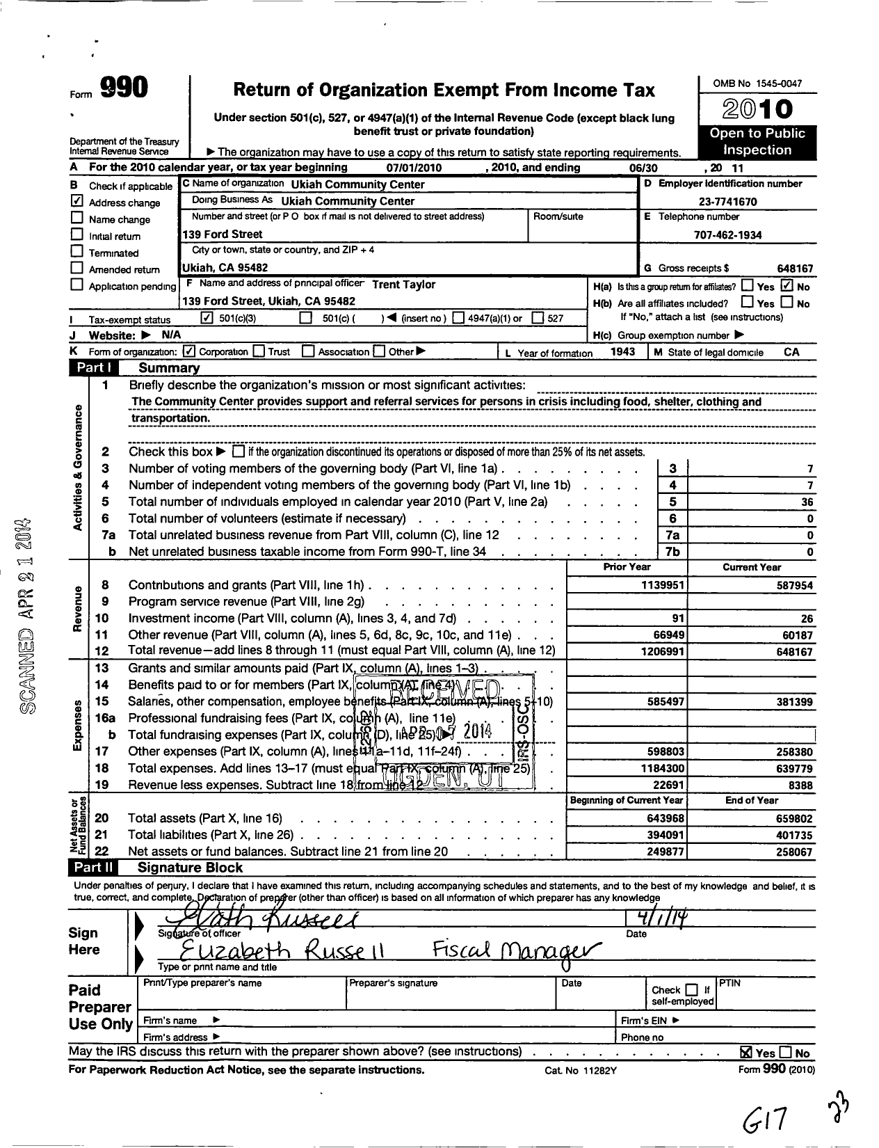 Image of first page of 2010 Form 990 for Ukiah Community Center