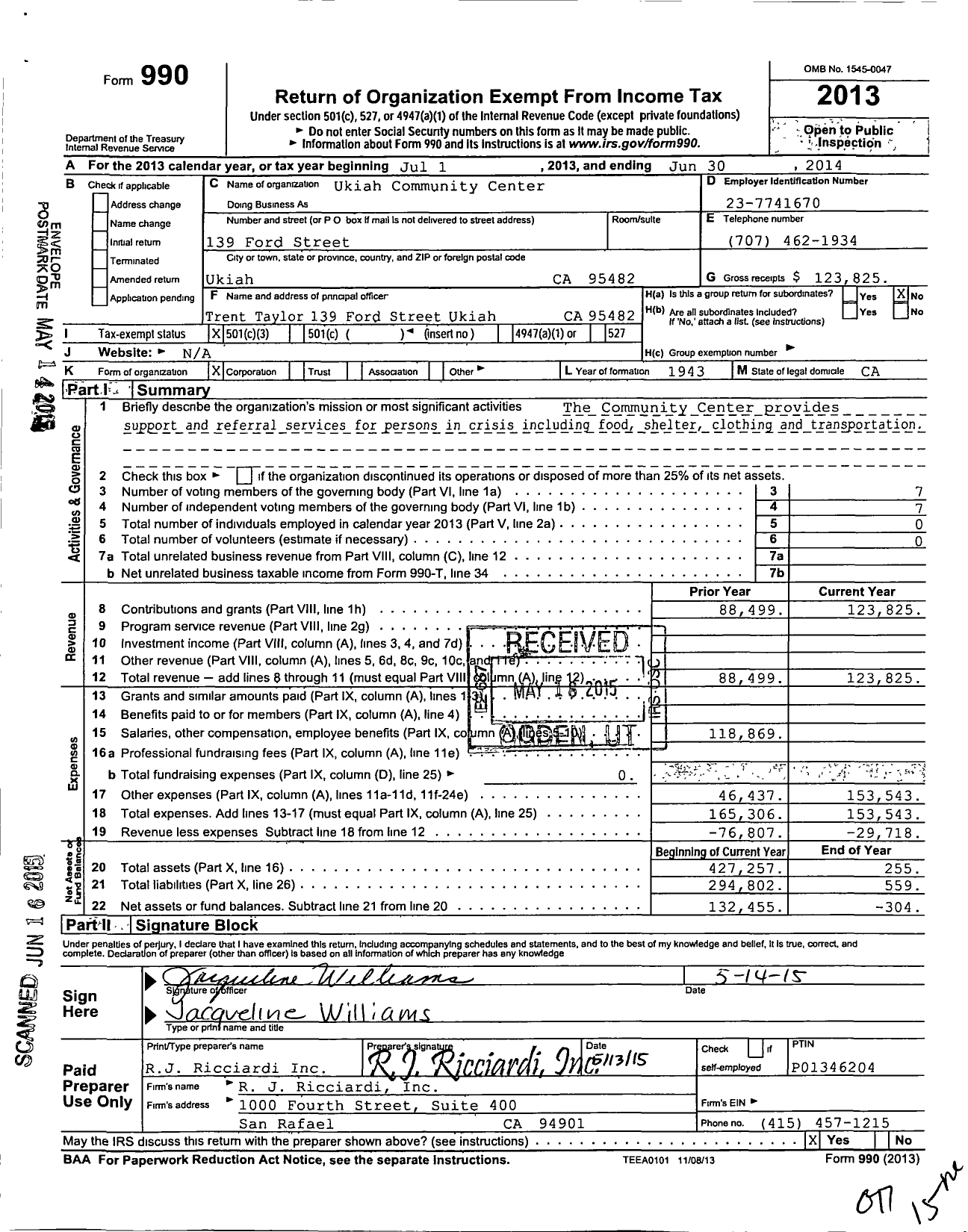 Image of first page of 2013 Form 990 for Ukiah Community Center