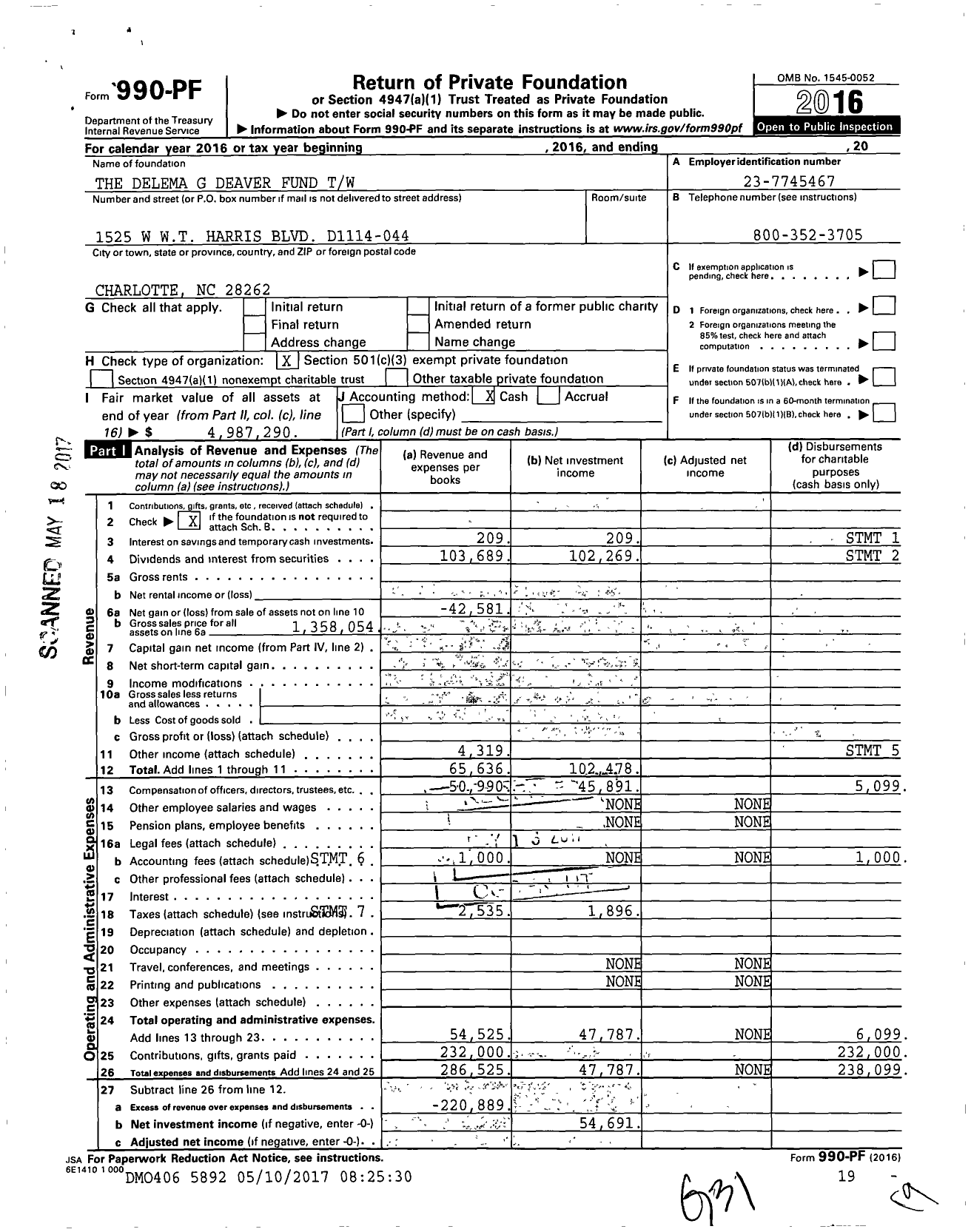 Image of first page of 2016 Form 990PF for The Delema G Deaver Fund TW