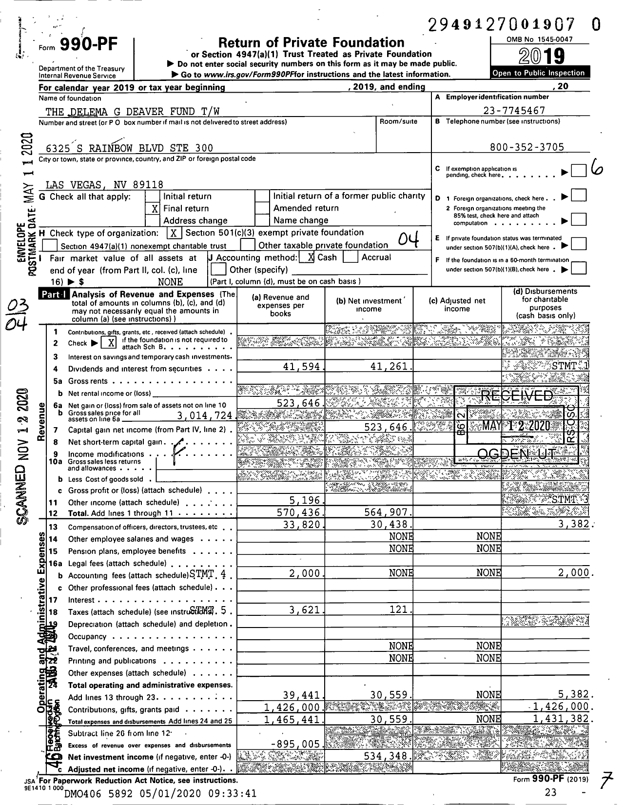 Image of first page of 2019 Form 990PF for The Delema G Deaver Fund TW