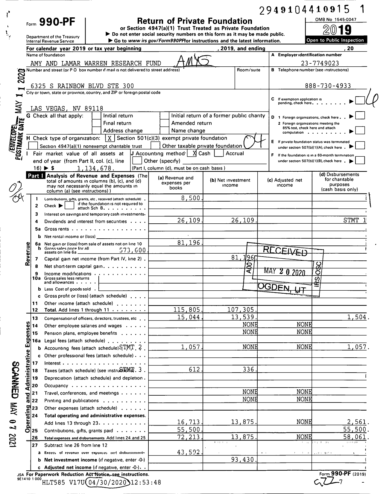 Image of first page of 2019 Form 990PF for Amy and Lamar Warren Research Fund