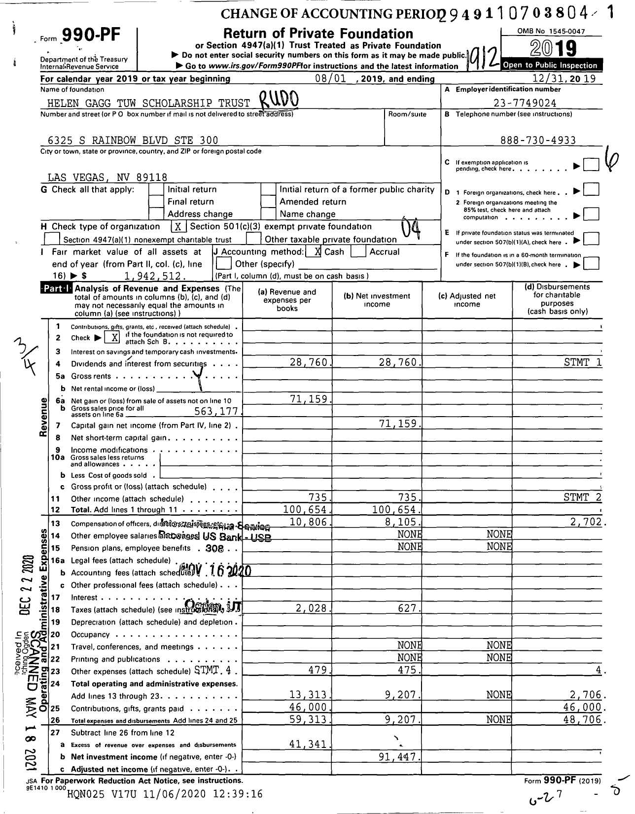 Image of first page of 2019 Form 990PF for Helen Gagg Tuw Scholarship Trust