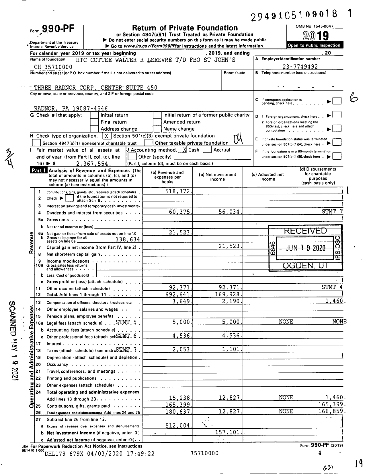 Image of first page of 2019 Form 990PF for HTC Cottee Walter R Lefevre TD Fbo St John's