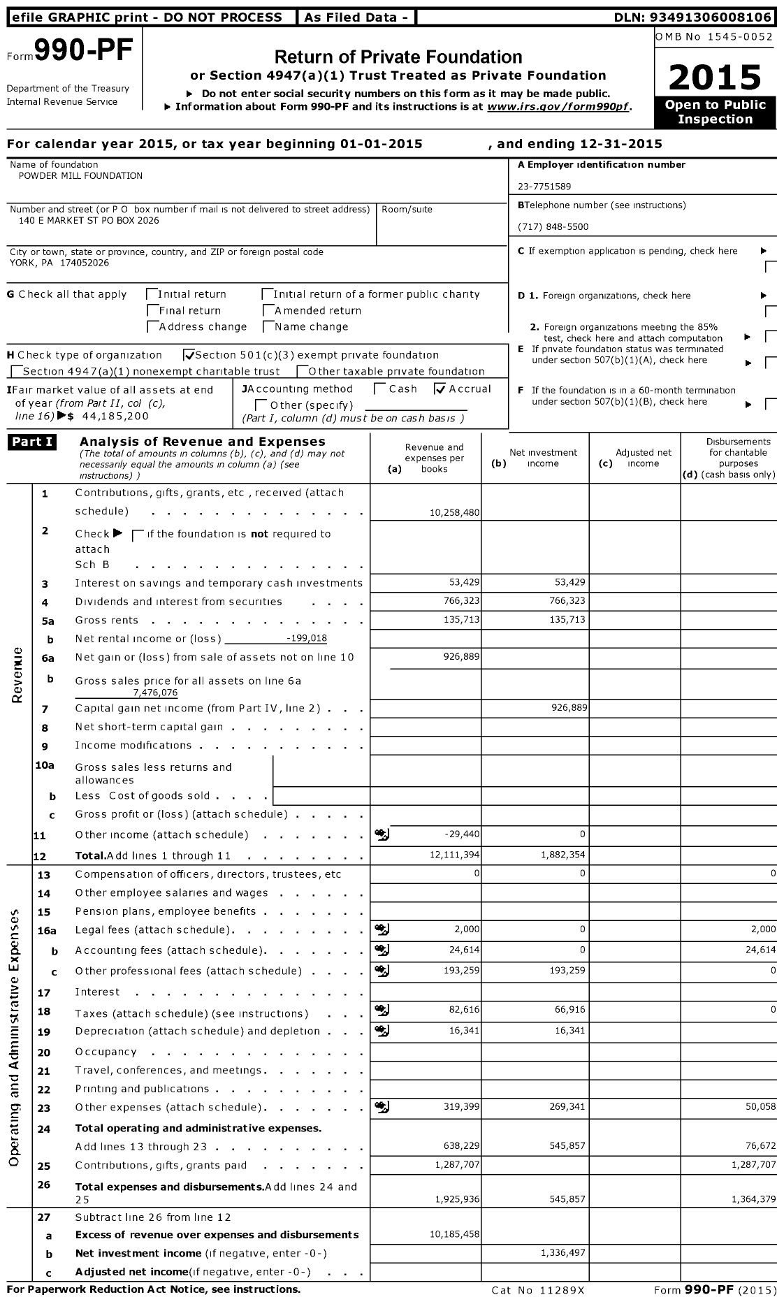 Image of first page of 2015 Form 990PF for Powder Mill Foundation