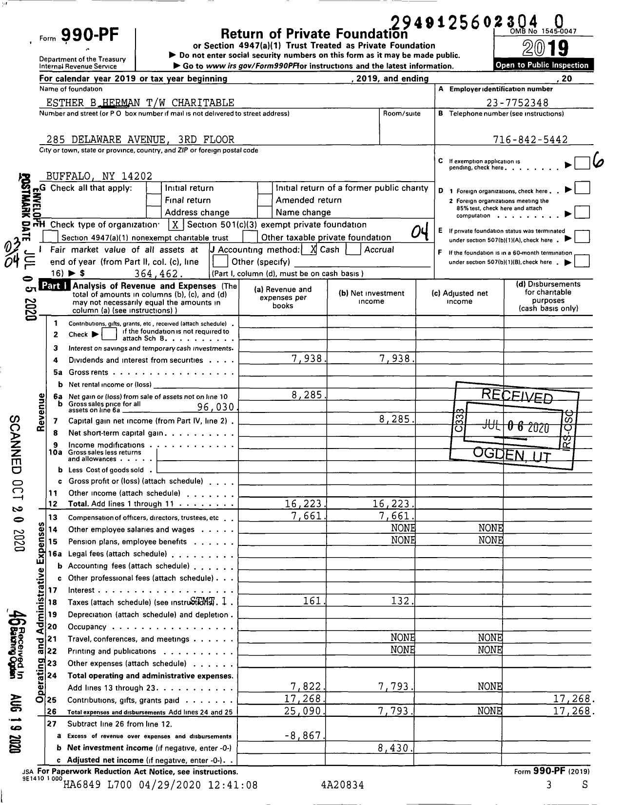 Image of first page of 2019 Form 990PR for Esther B Herman Tuw 122393 Fbo Charities