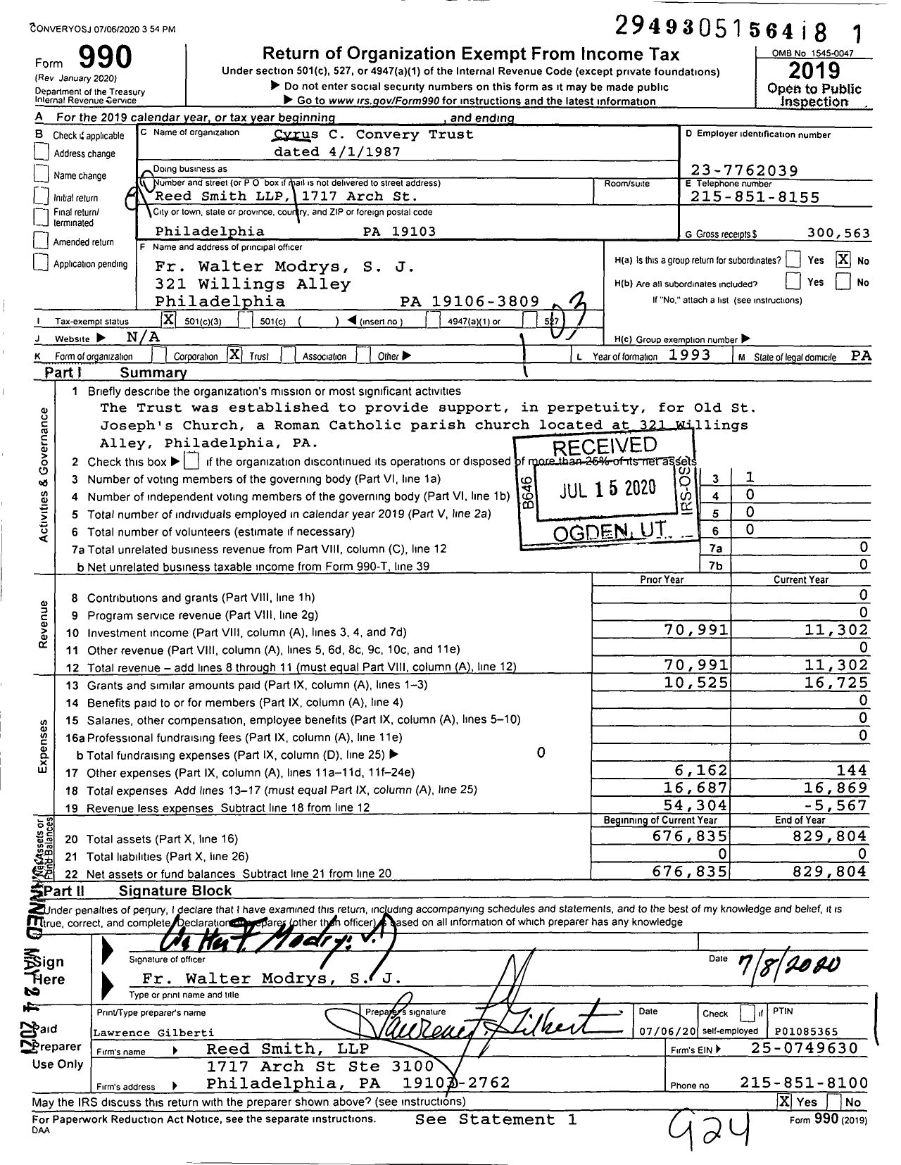 Image of first page of 2019 Form 990 for Cyrus C Convery Trust Dated 4 / 1 / 1987