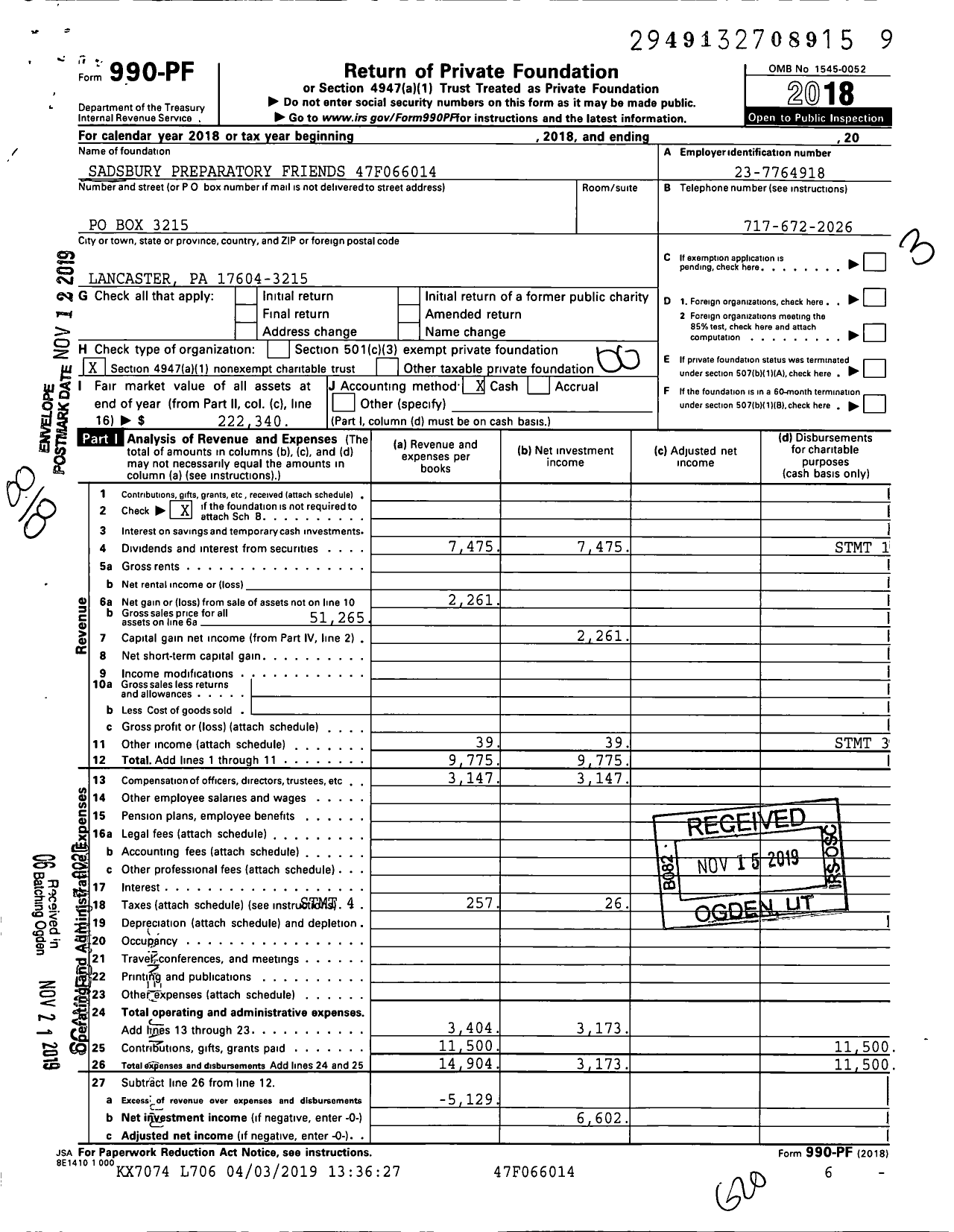 Image of first page of 2018 Form 990PF for Sadsbury Preparatory Friends 47f066014