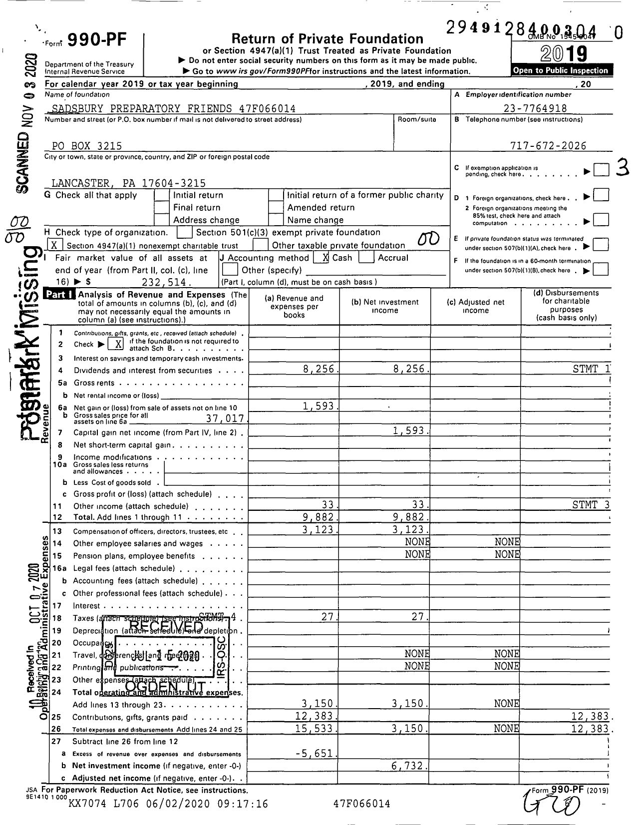 Image of first page of 2019 Form 990PF for Sadsbury Preparatory Friends 47f066014