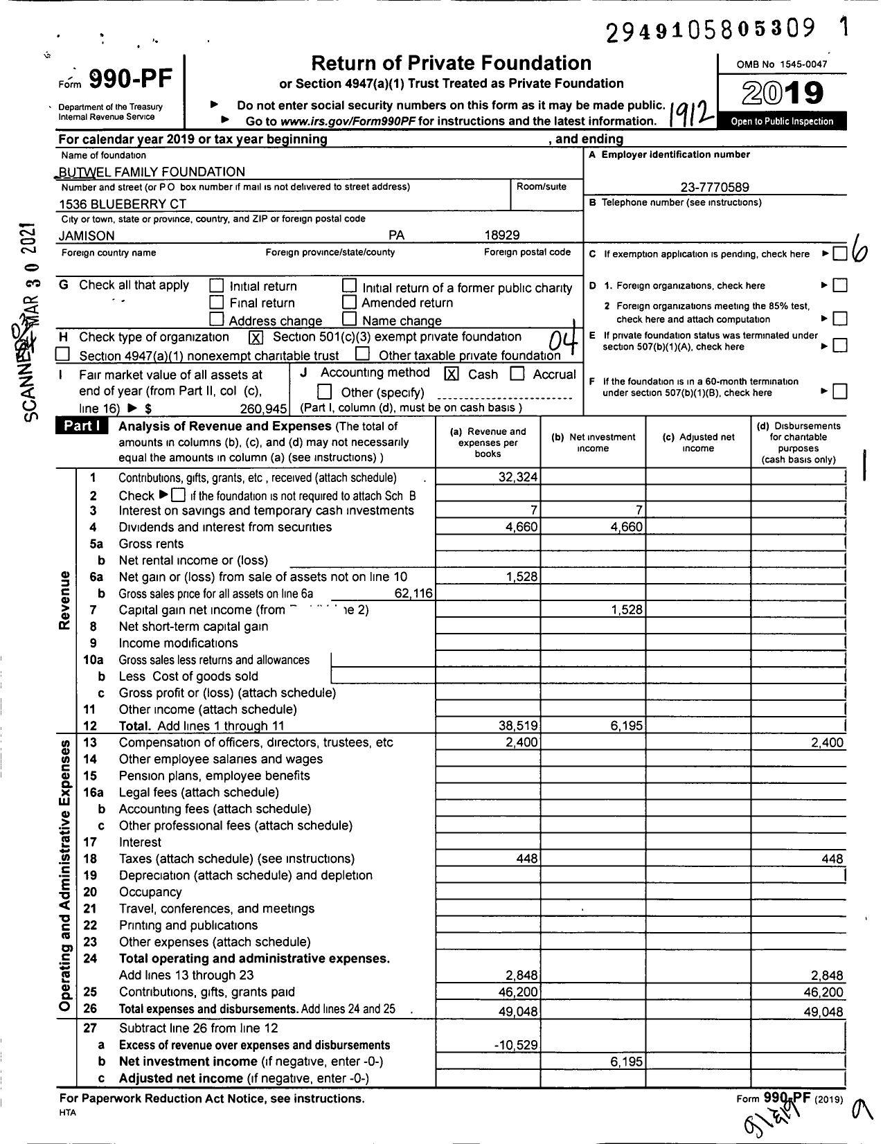 Image of first page of 2019 Form 990PF for Butwel Family Foundation