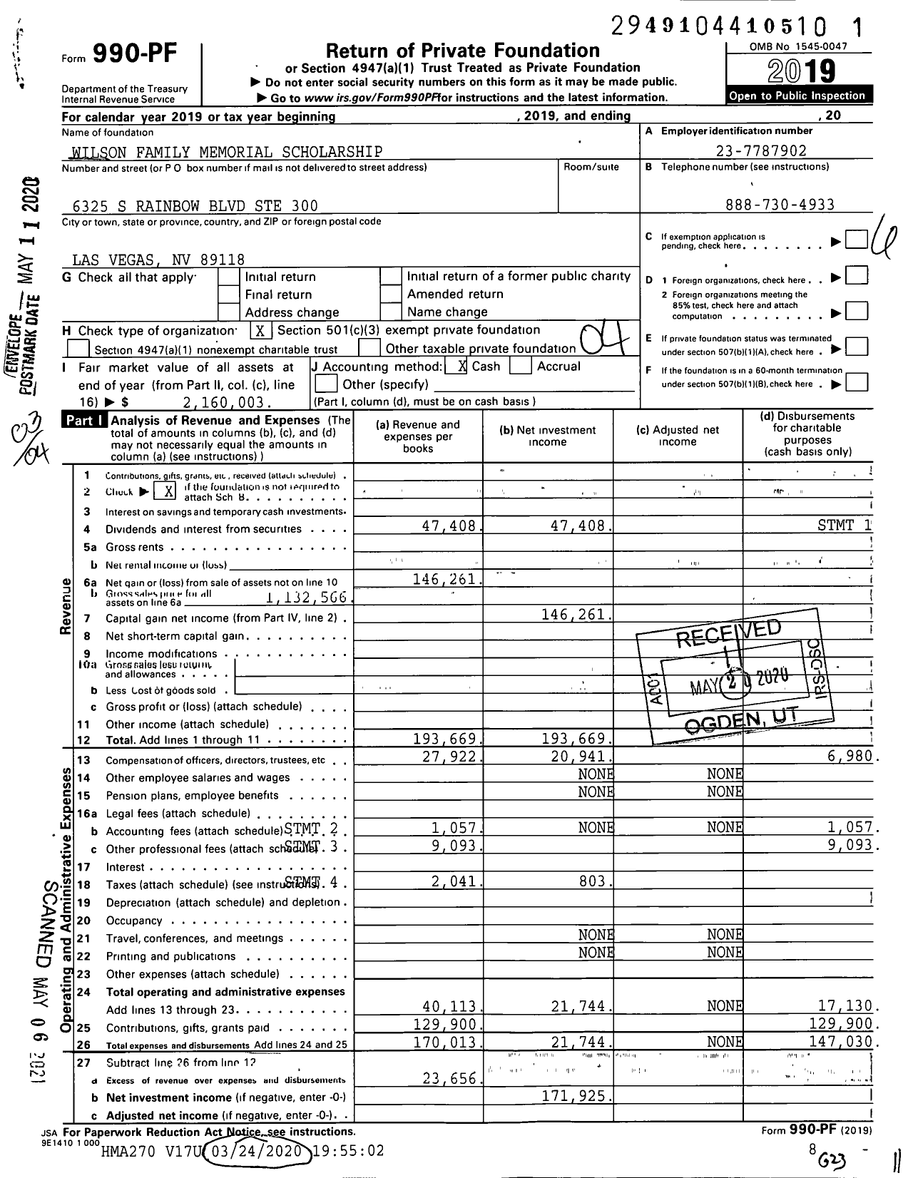 Image of first page of 2019 Form 990PF for Wilson Family Memorial Scholarship