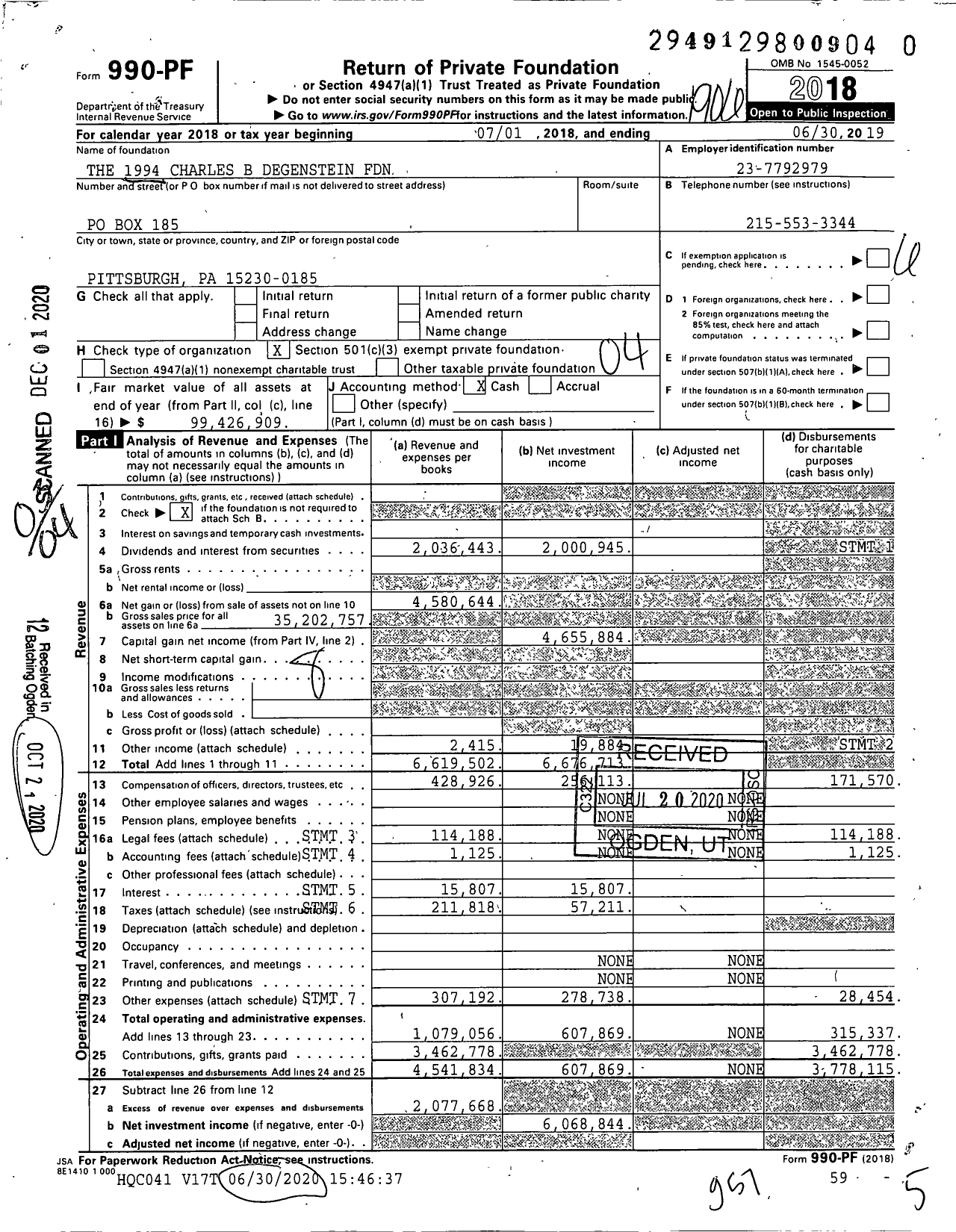 Image of first page of 2018 Form 990PF for 1994 Charles B Degenstein Foundation