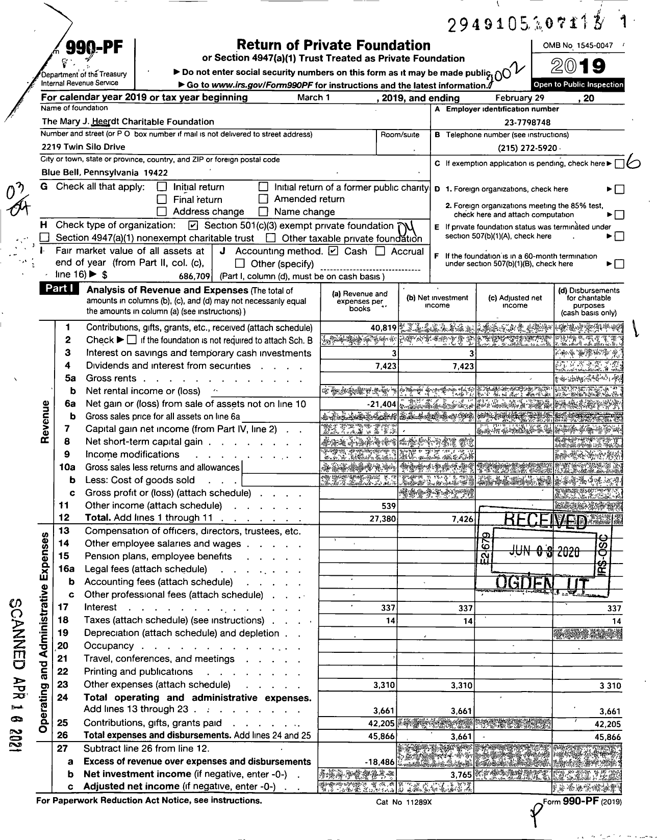 Image of first page of 2019 Form 990PF for The Mary J Heerdt Charitable Trust