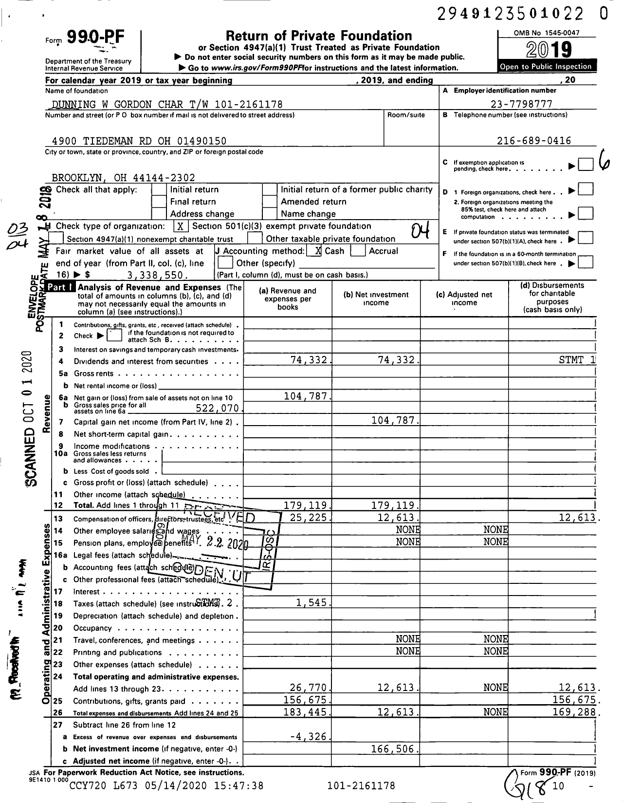 Image of first page of 2019 Form 990PR for Dunning W Gordon Char TW