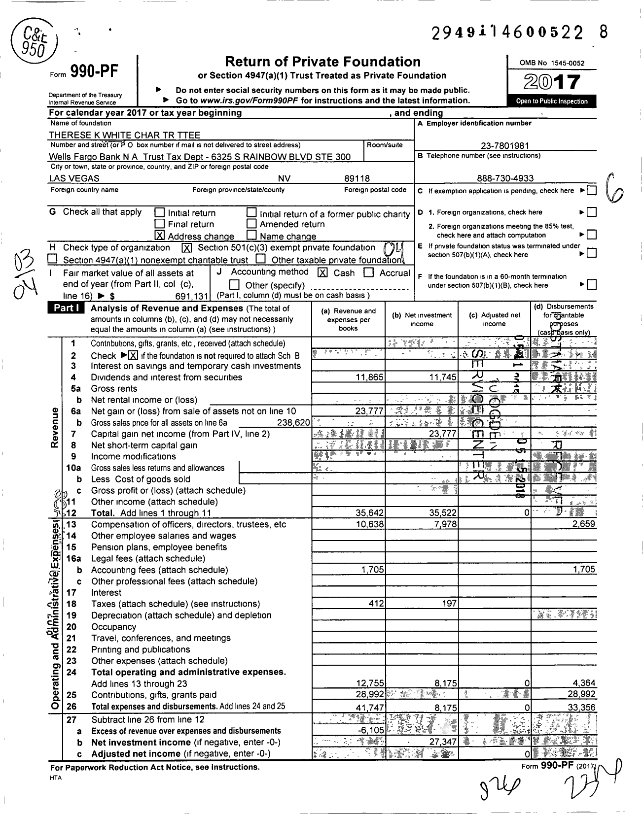 Image of first page of 2017 Form 990PF for Therese K White Charitable Trust Ttee