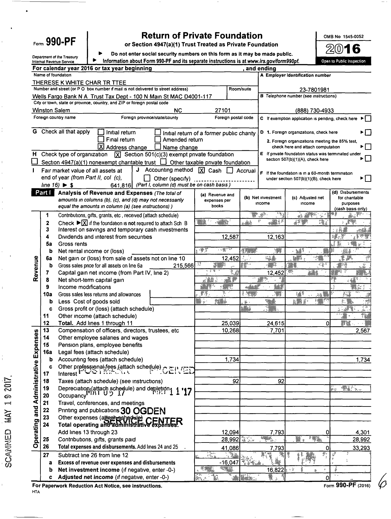 Image of first page of 2016 Form 990PF for Therese K White Charitable Trust Ttee