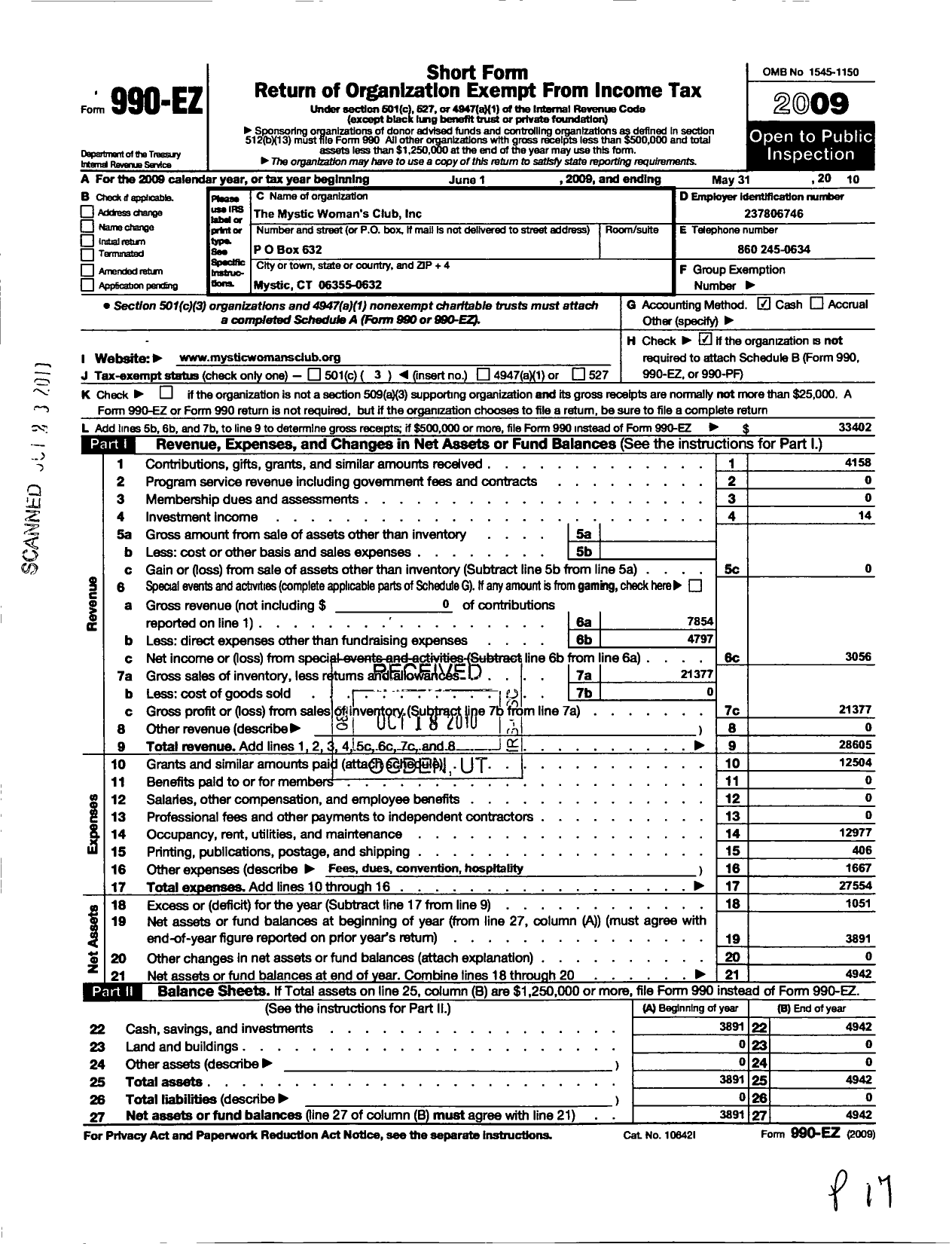 Image of first page of 2009 Form 990EZ for Mystic Womans Club