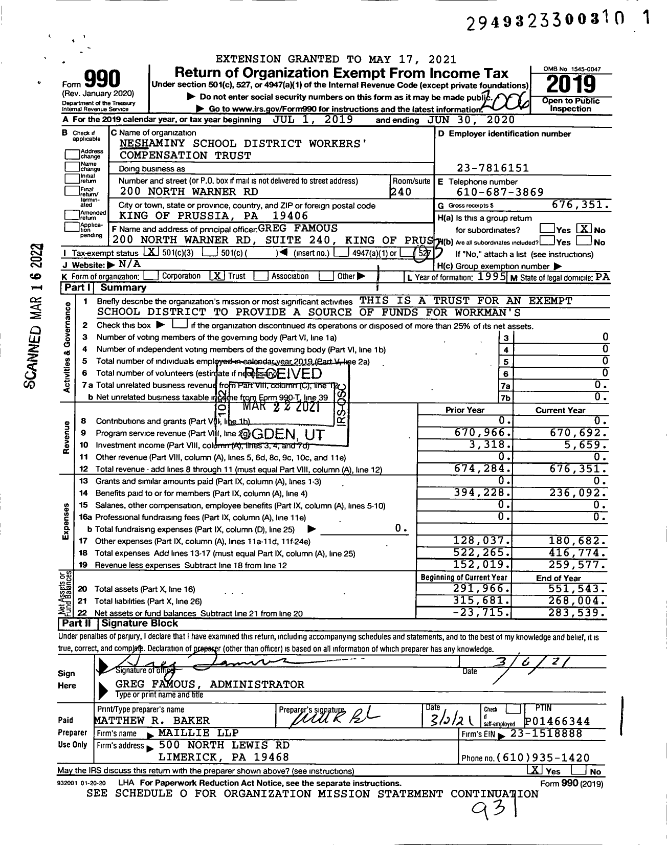 Image of first page of 2019 Form 990 for Neshaminy School District Workers' Compensation Trust